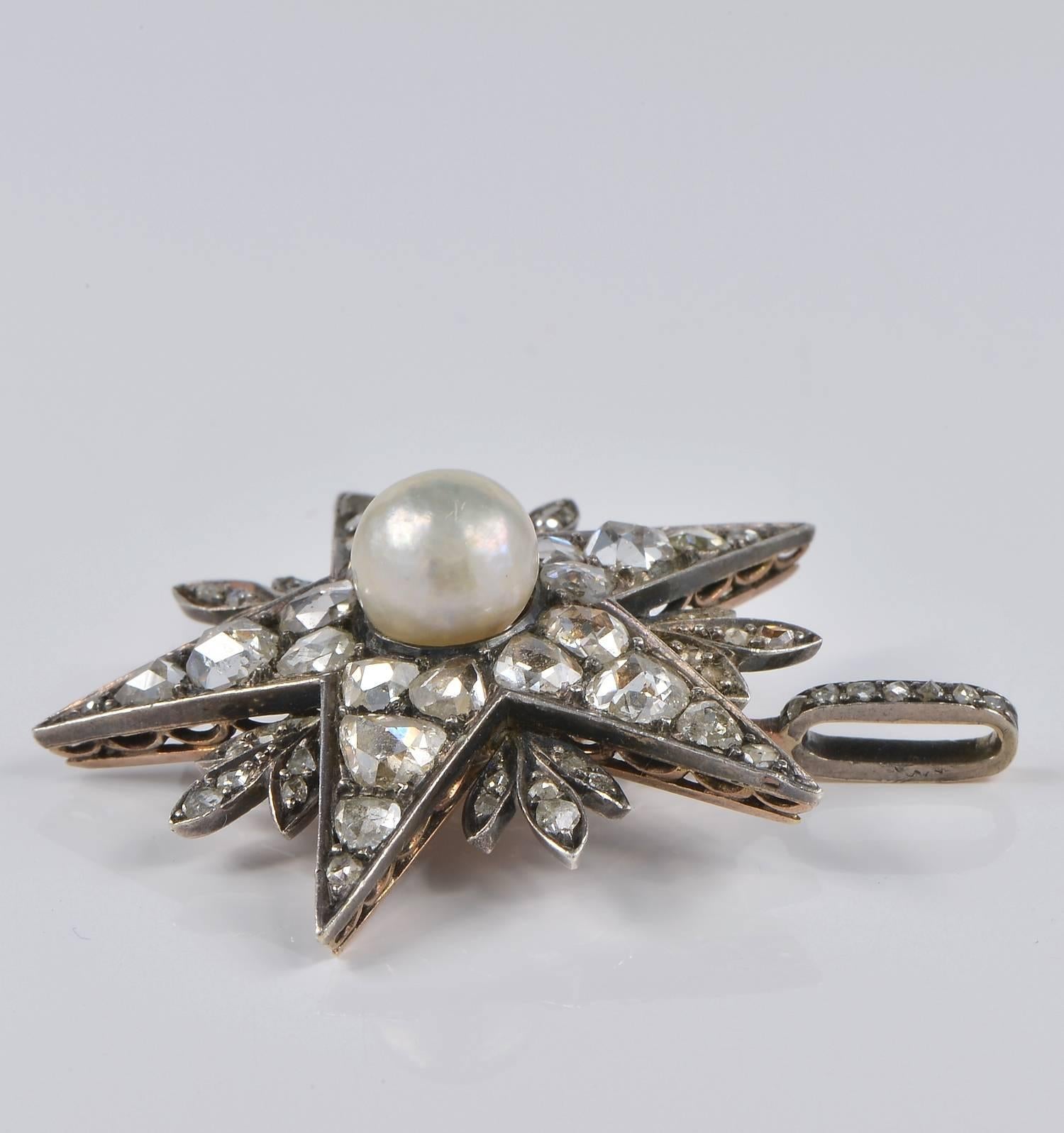 Women's Victorian Natural Pearl 4.50 Carat Diamond Star Pendant For Sale