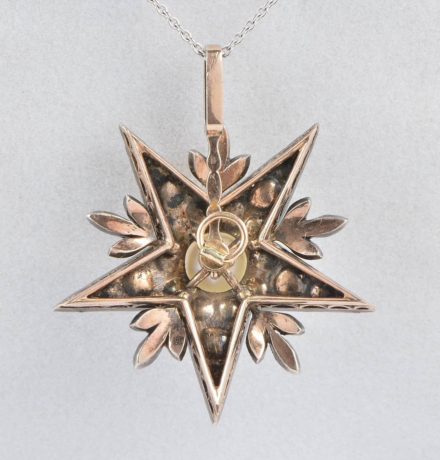 Victorian Natural Pearl 4.50 Carat Diamond Star Pendant For Sale 2