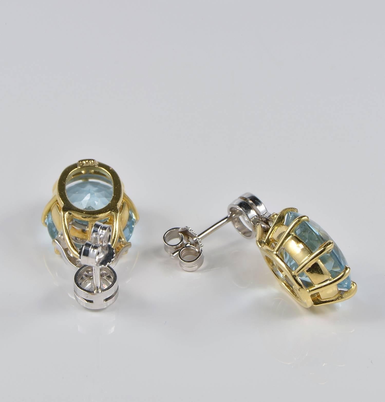 Art Deco 13.00 Carat Natural Aquamarine 1.05 Carat Diamond Drop Earrings For Sale 1