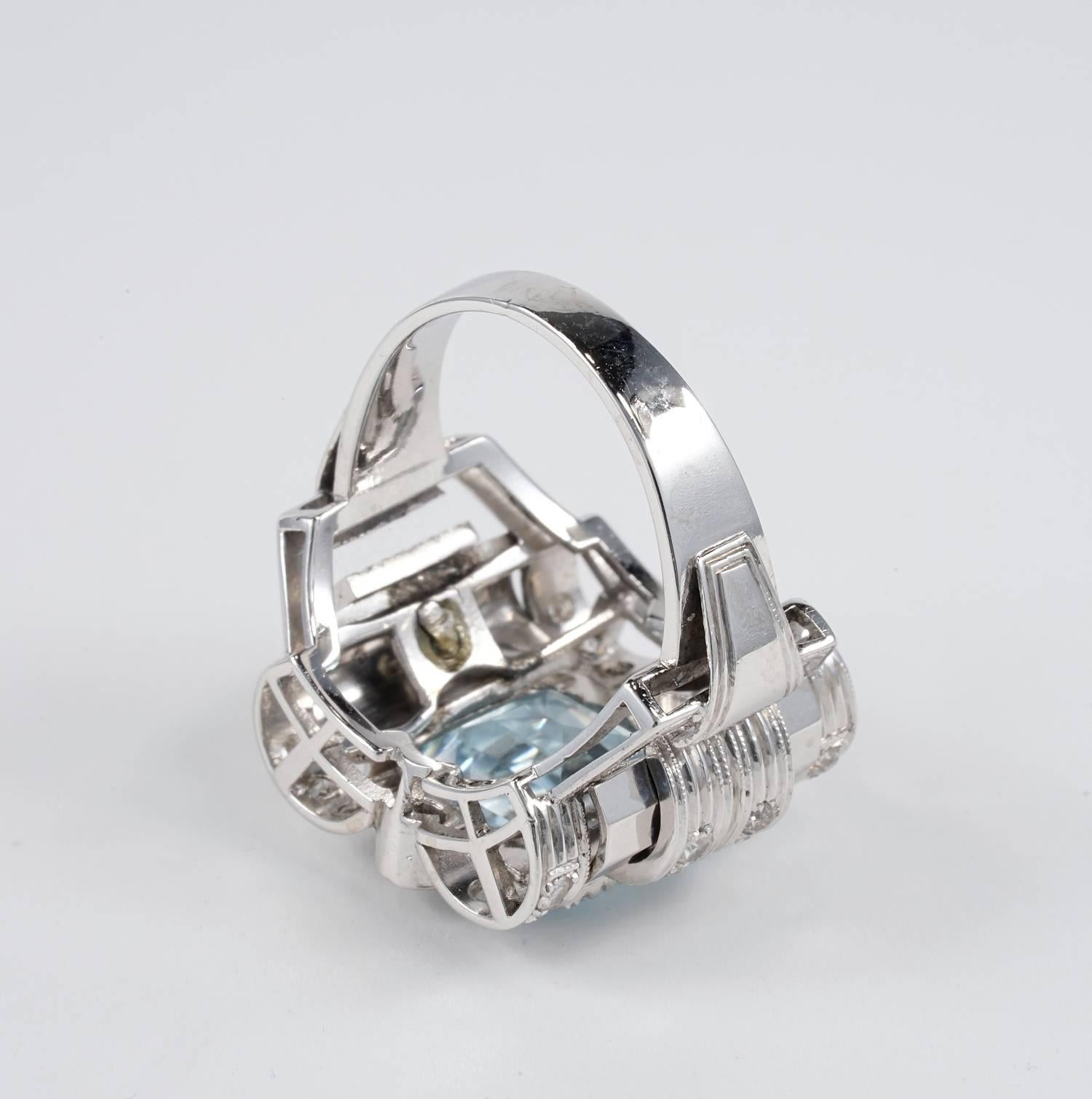 Art Deco 5.20 Carat Aquamarine Diamond Ring In Excellent Condition In Napoli, IT