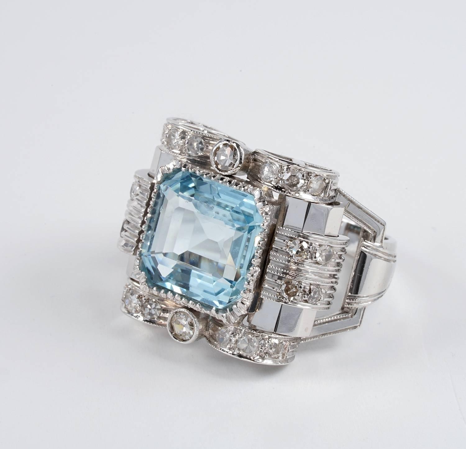 Emerald Cut Art Deco 5.20 Carat Aquamarine Diamond Ring