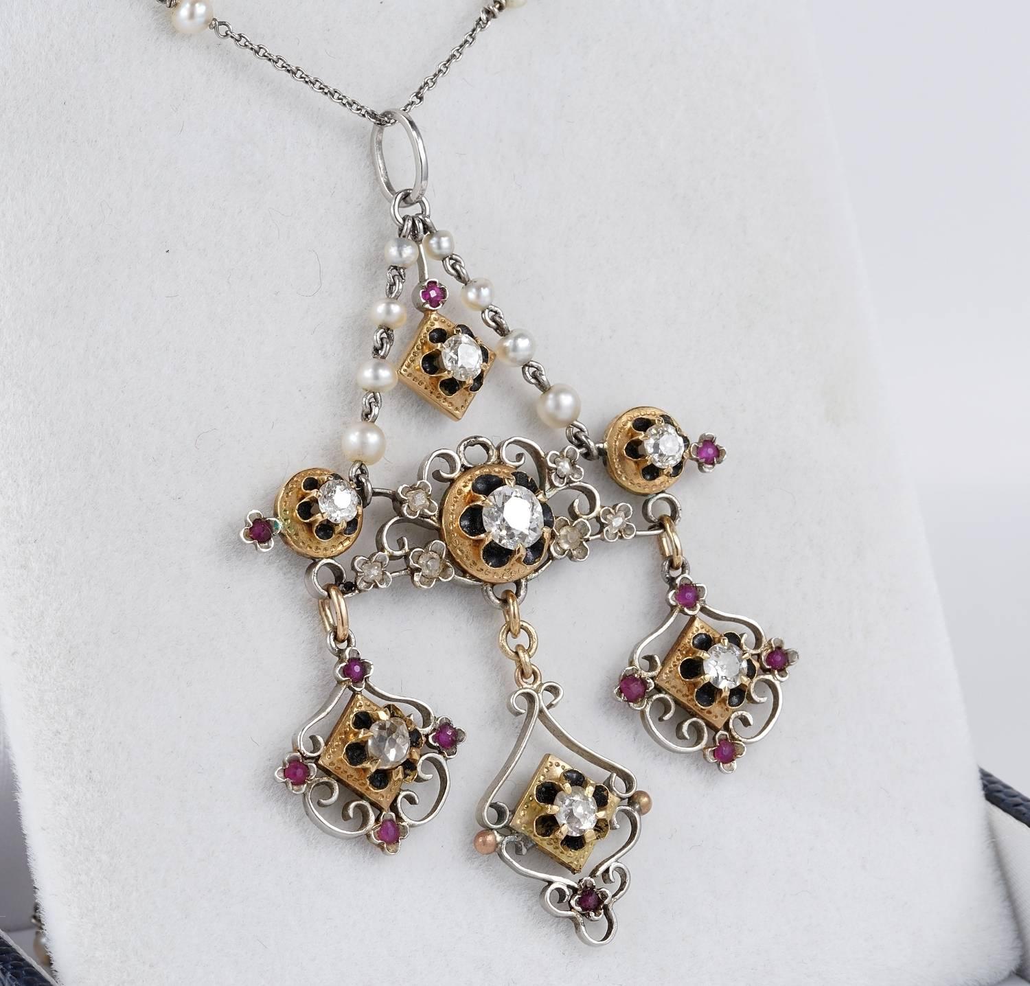 Victorian Holbeinesque Diamond Ruby Natural Pearl Enameled Necklace In Excellent Condition For Sale In Napoli, IT