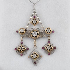 Victorian Holbeinesque Diamond Ruby Natural Pearl Enameled Necklace