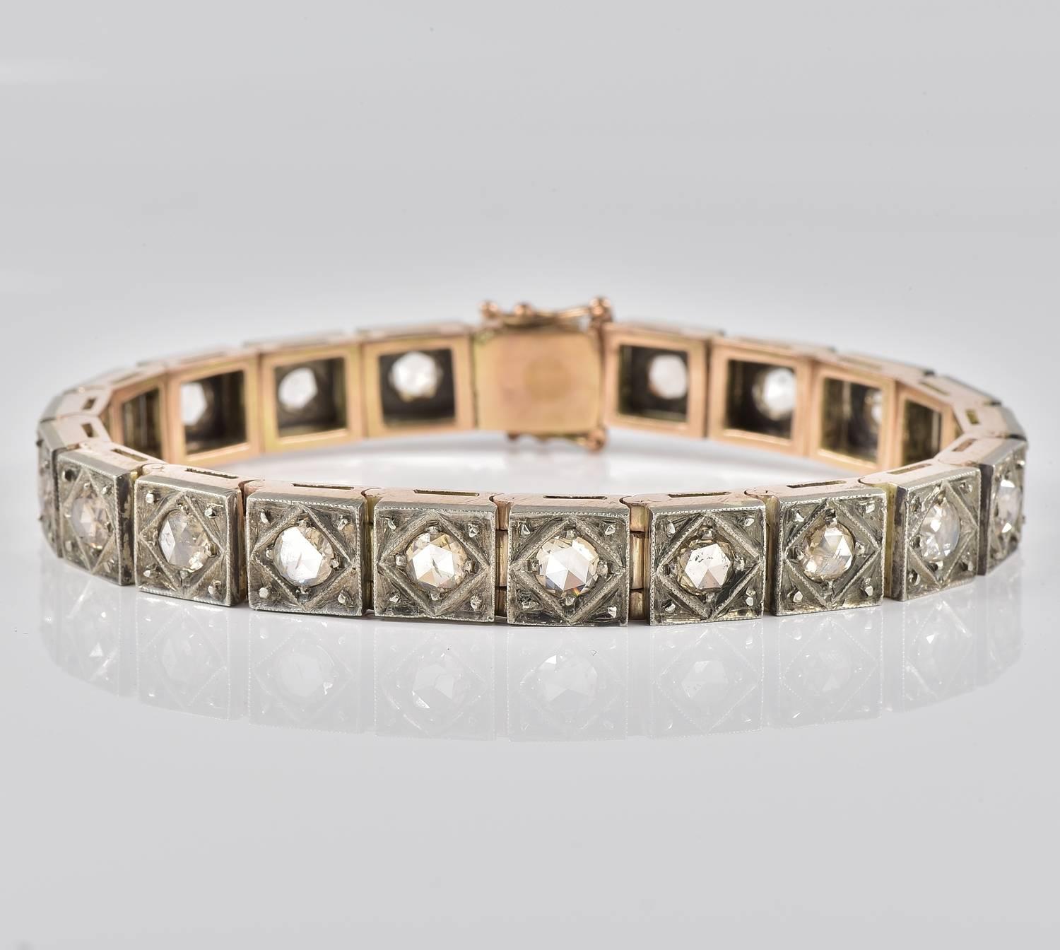 Rare and beautiful authentic Victorian Diamond riviere bracelet dating 1890 ca!
Substantially hand crafted of solid 14 KT gold topped by silver – marked but worn
A soft line wraps around the wrist with amazing Diamond Sparkle detailed only by the