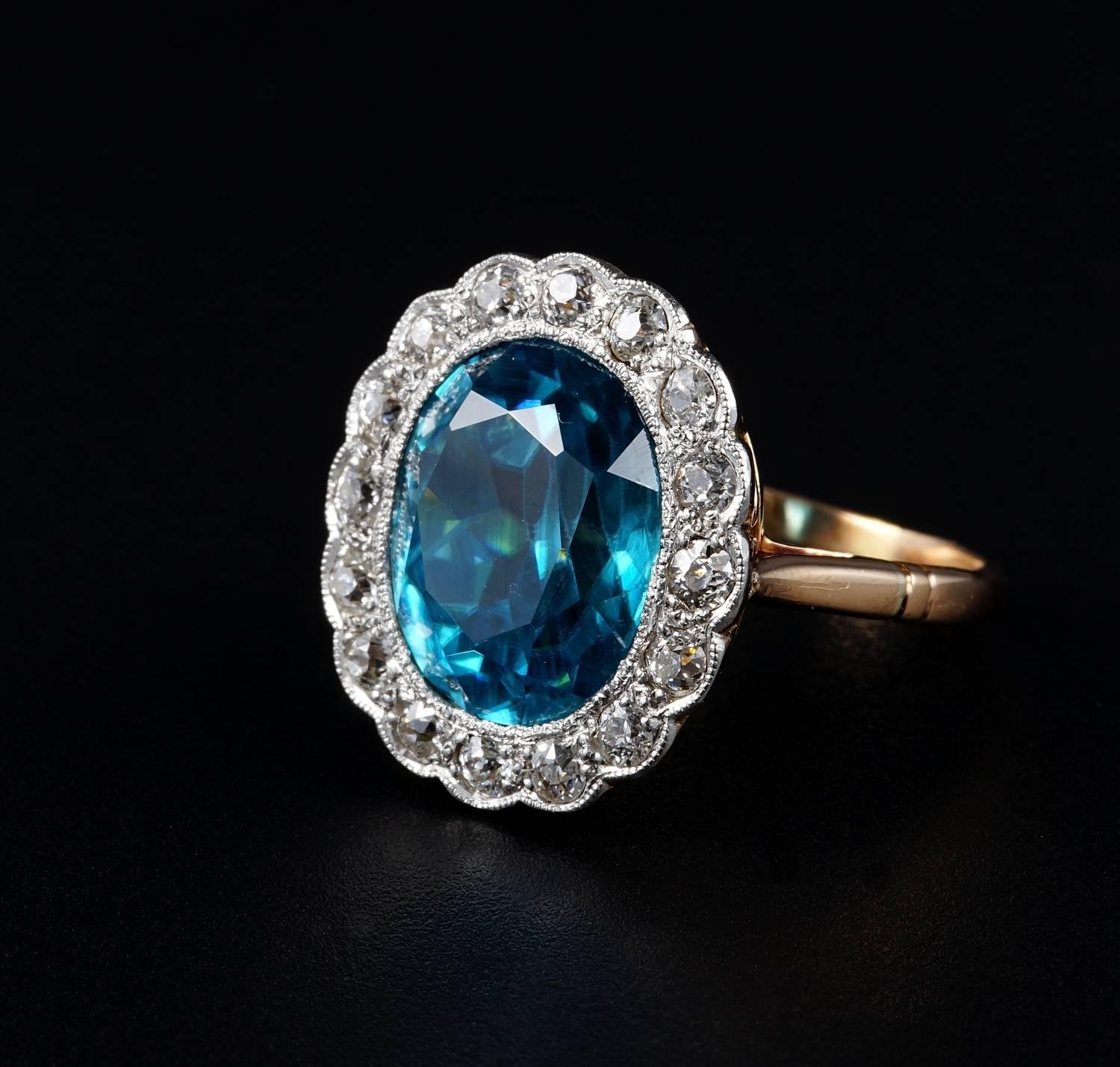 Edwardian 11.05 Carat Natural Blue Zircon 1.30 Carat Diamond Rare Ring For Sale 1