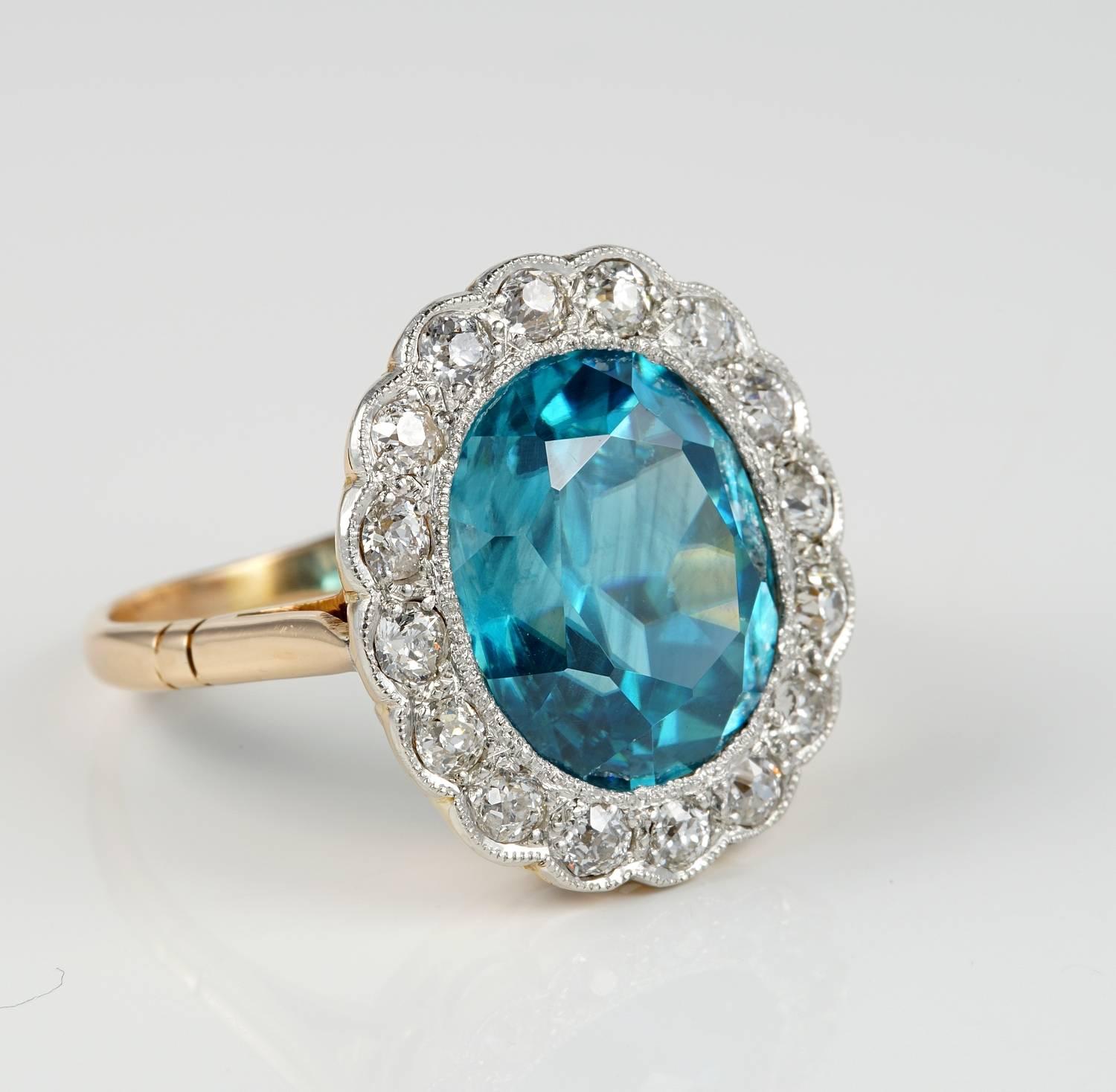 Oval Cut Edwardian 11.05 Carat Natural Blue Zircon 1.30 Carat Diamond Rare Ring For Sale