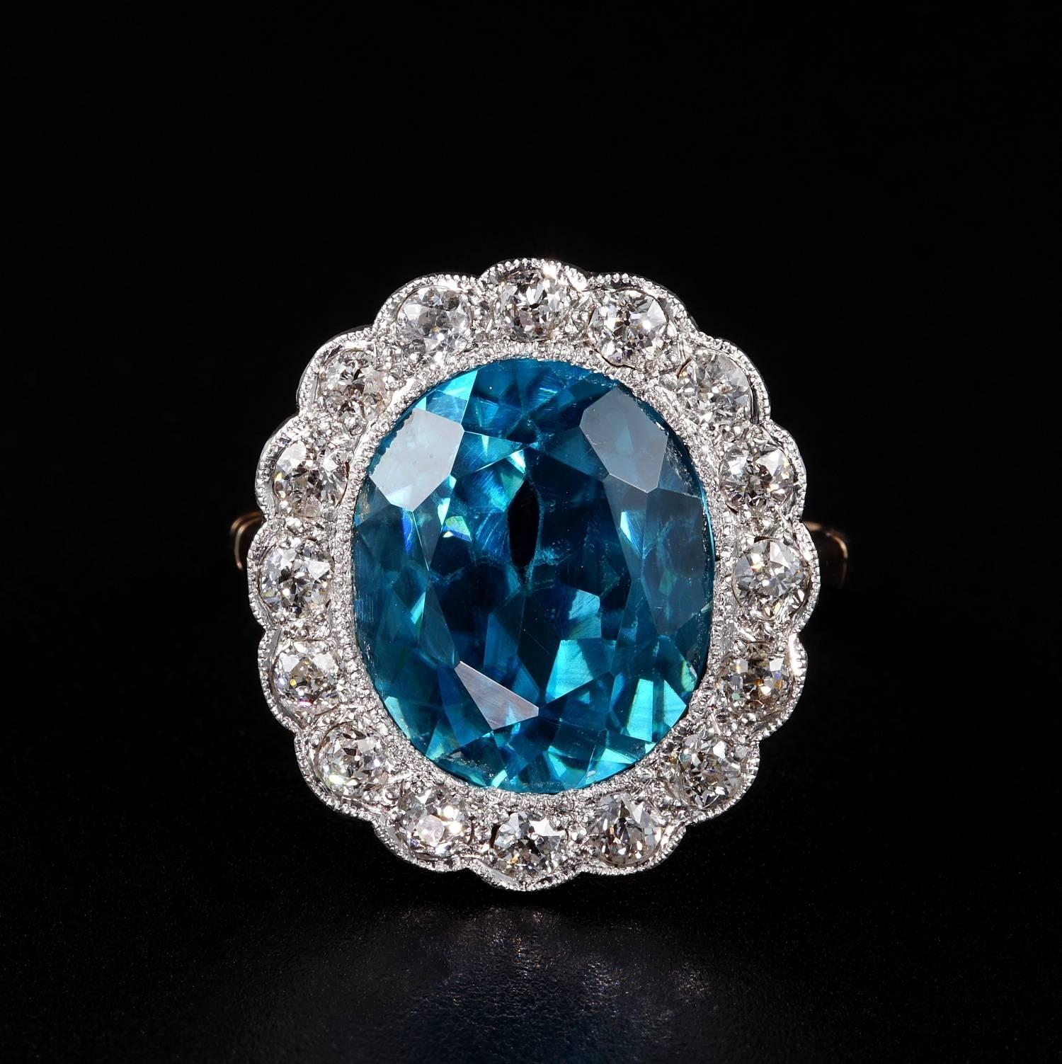 Mesmerezing, rare, top quality ring from the Edwardian period
Boasting an amazing intense vivid Blue Natural, Blue Zircon of 11.05 CT prizing as much brilliance as a Blue Cushion Diamond
This rare Blue Zircon for size colour and quality will stand