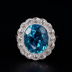 Edwardian 11.05 Carat Natural Blue Zircon 1.30 Carat Diamond Rare Ring