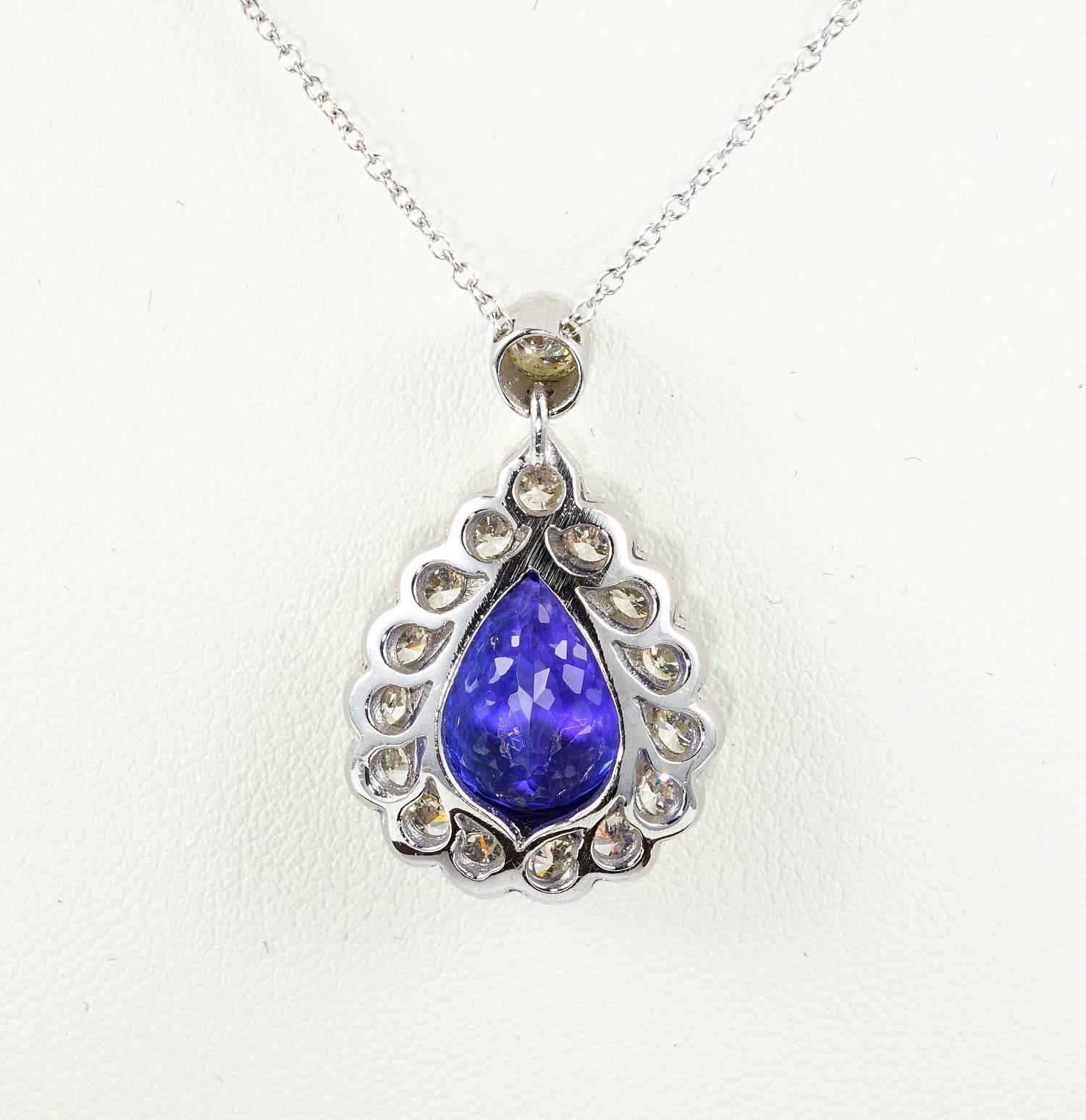 Pear Cut 4.80 Carat Royal Tanzanite 2.30 Carat Diamond Pendant Necklace For Sale