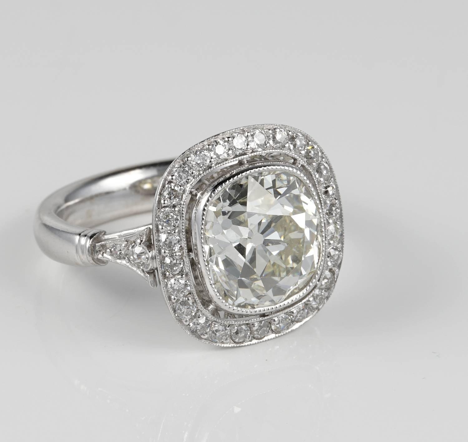 Magnificent  large Diamond solitaire ring
Crafted in Platinum - not marked
Semplicity in design to maximize the beauty of the centre old mine cushion cut Diamond 4.20 Ct in weight rated as J /VVS
up in colour grade finest in clarity and cut