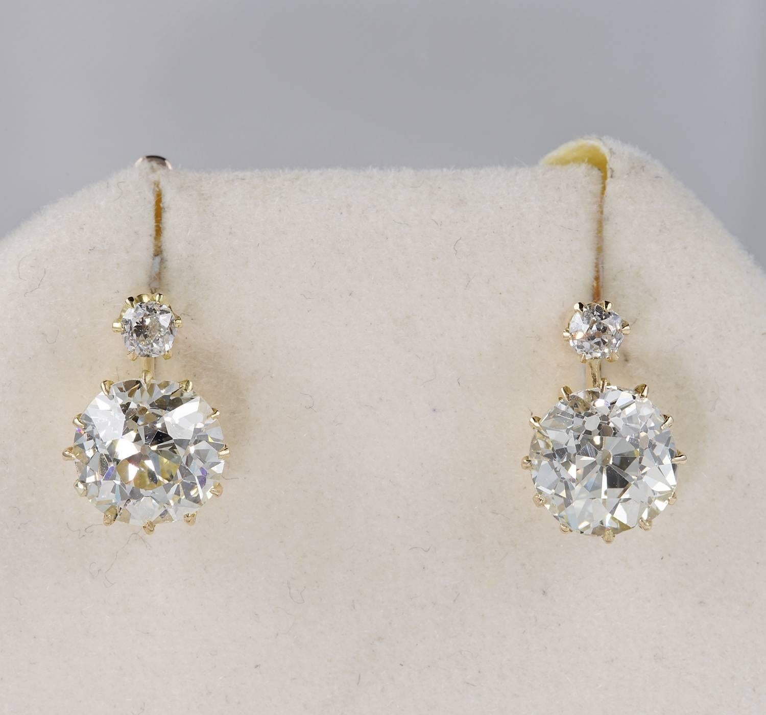 Magnificent pair of authentic Victorian Diamond solitaire drop earrings
Centrally set with a spectacular pair of early old European cut Diamonds of excellent size, clarity and colour
The two main Diamonds have 3.90 Carat weight together (average