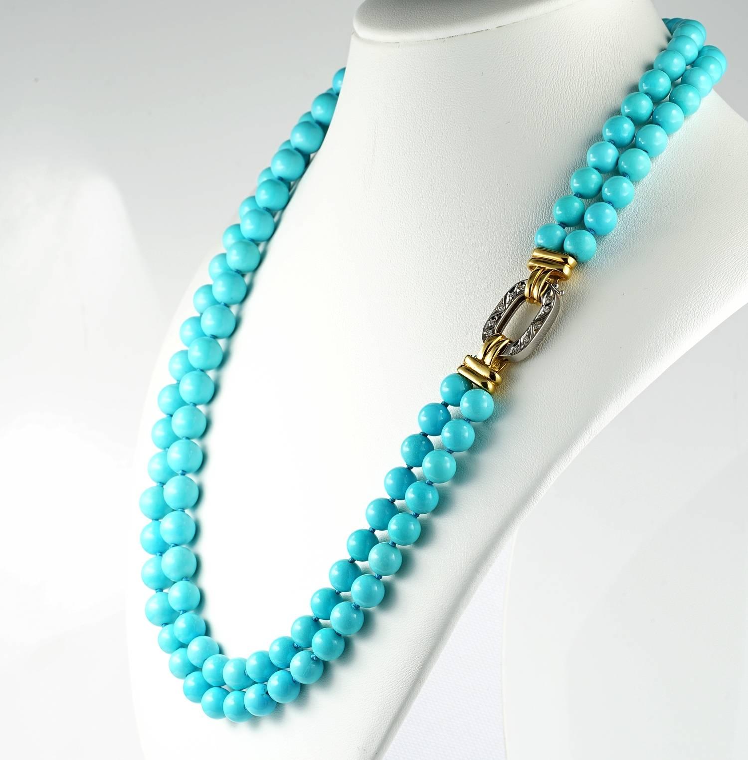 Contemporary Rare Double Strand Natural Untreated Persian Turquoise Vintage Necklace For Sale