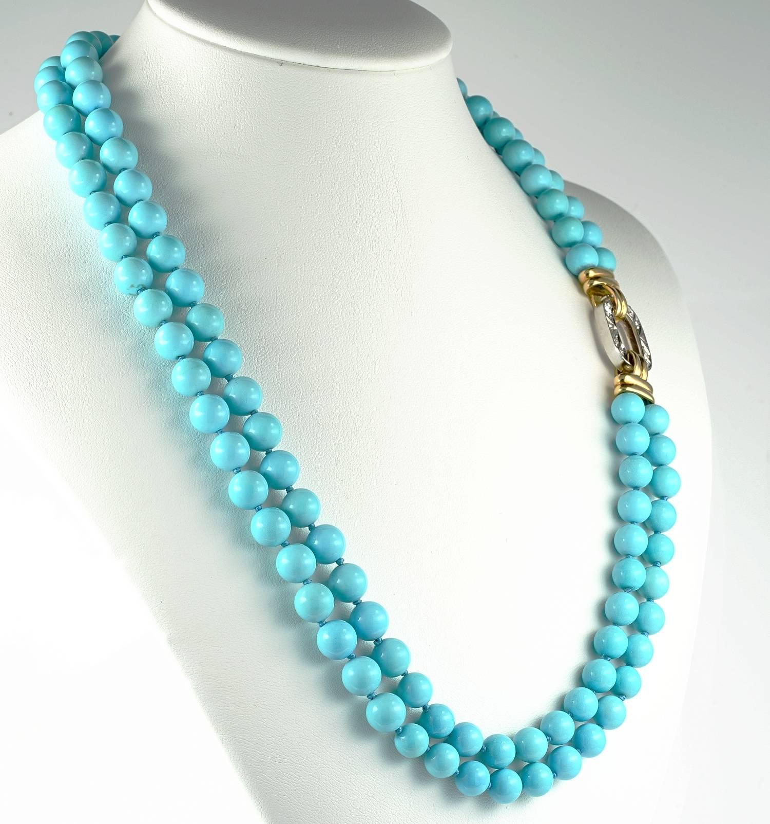 Turquoise of this quality is hard to get these days as today source are all treated and enhanced
We are pleased to be offering a rare vintage double strand necklace of exceptional  NATURAL Persian quality
What you see is all as earth made, colour