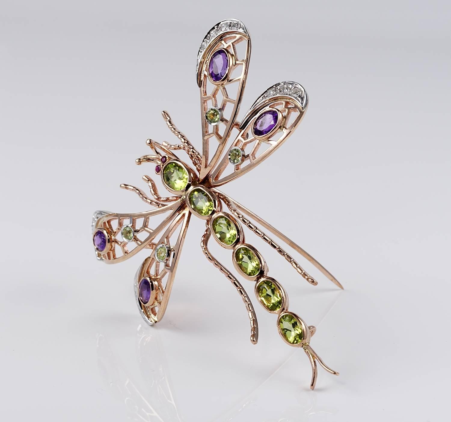 Large Retro Dragonfly Brooch Suffragette Colors Peridot Amethyst and Diamond For Sale 2