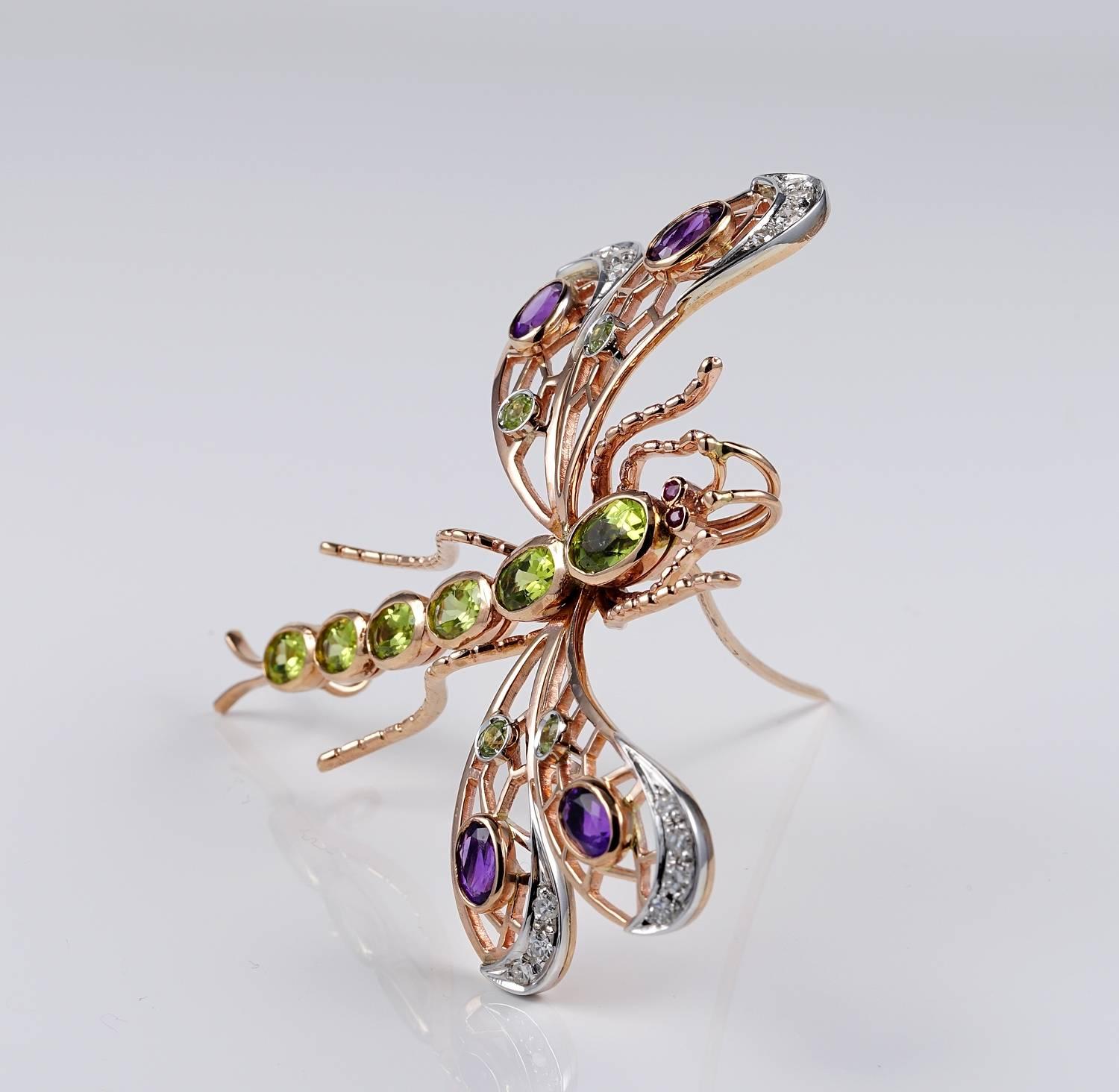 Large Retro Dragonfly Brooch Suffragette Colors Peridot Amethyst and Diamond For Sale 3