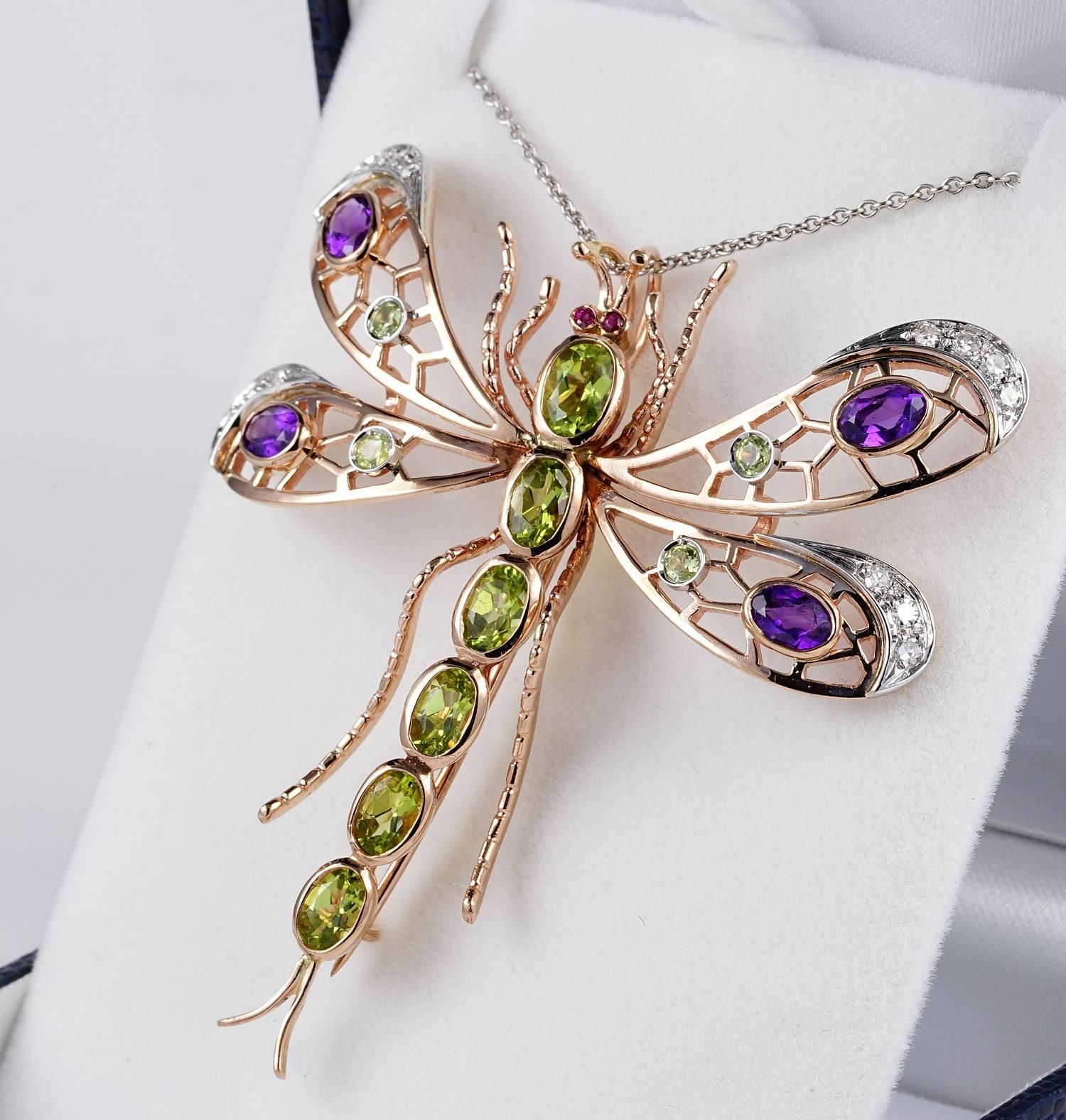 Women's Large Retro Dragonfly Brooch Suffragette Colors Peridot Amethyst and Diamond For Sale