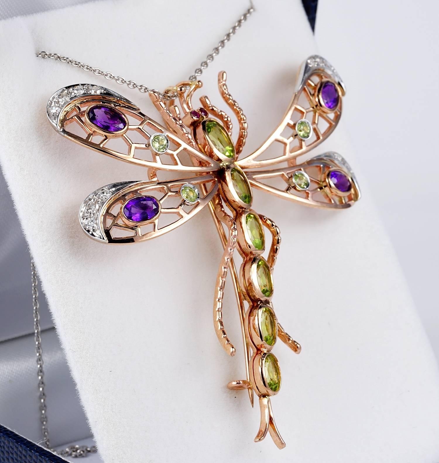 Large Retro Dragonfly Brooch Suffragette Colors Peridot Amethyst and Diamond In Good Condition For Sale In Napoli, IT