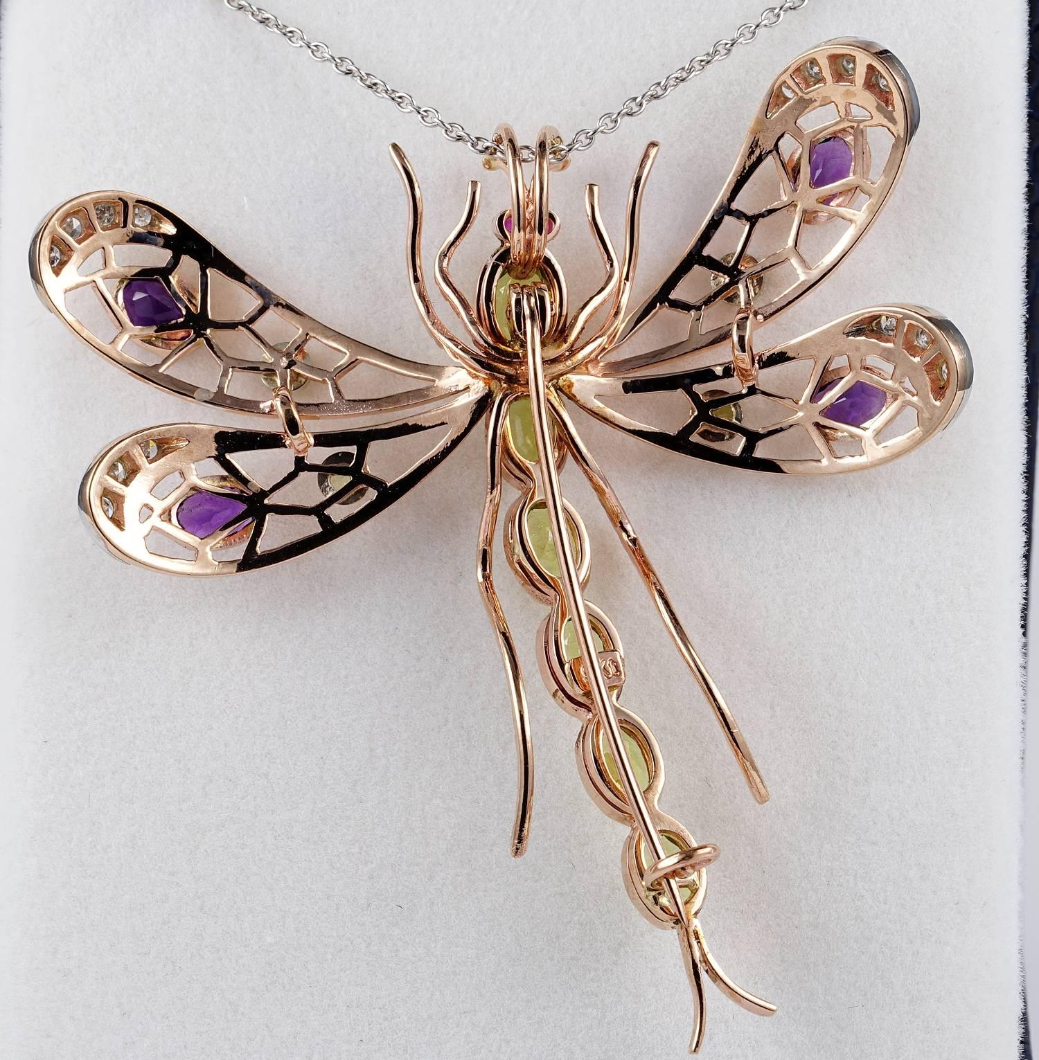 Large Retro Dragonfly Brooch Suffragette Colors Peridot Amethyst and Diamond For Sale 1