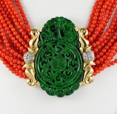Vintage Natural Red Coral Green Spinach Jade Diamond Necklace