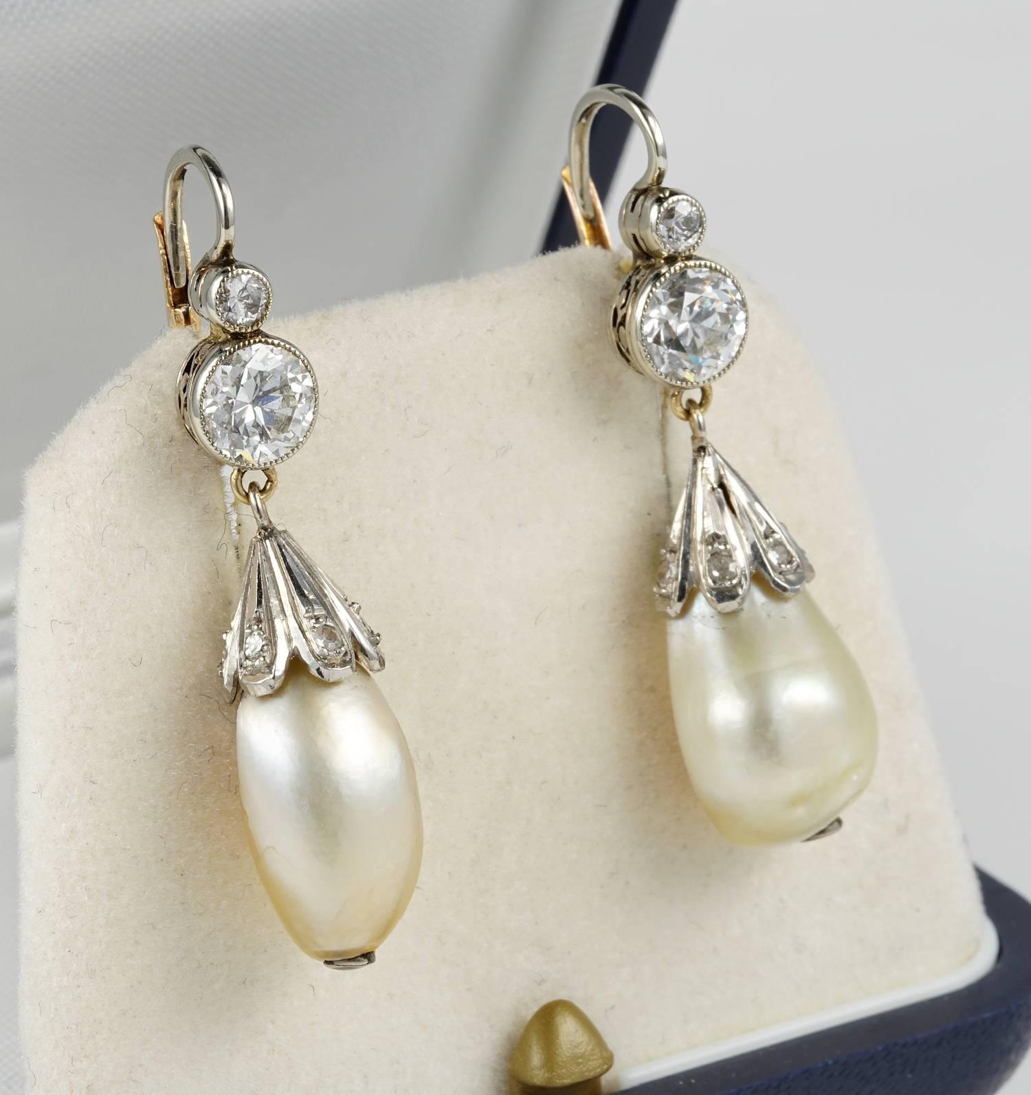 Exquisite in a word, rare pair of Belle Epoque period natural salt water pearl and Diamond teardrop earrings
Natural pearls were so much beloved by the Edwardians, here is a stunning pair from the period
Crafted in Platinum, marked
Certified natural