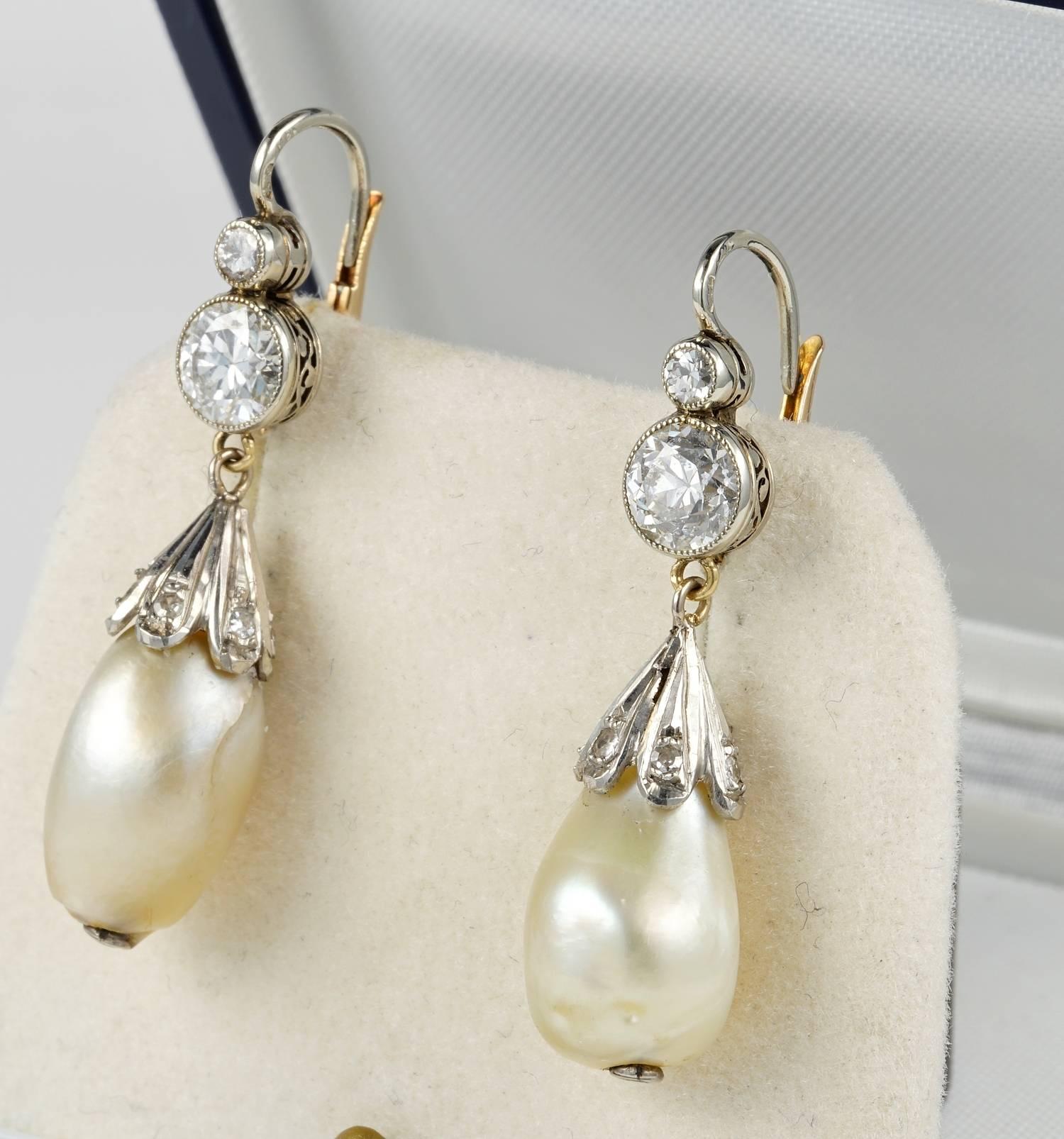 Old European Cut Belle Époque Natural Pearl Teardrop 1.90 Carat Diamond Rare Earrings For Sale