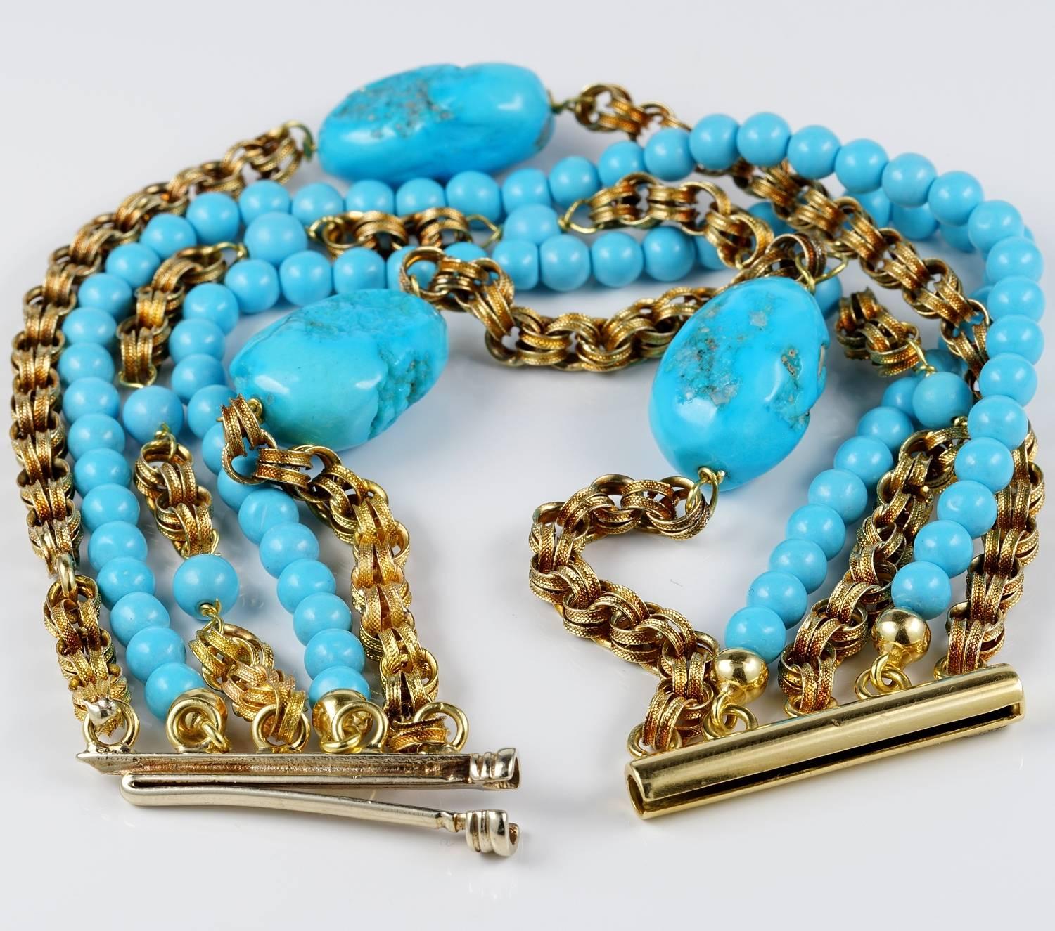 Natural Turquoise 18 Karat Multi Strand Necklace and Bracelet Set For Sale 3