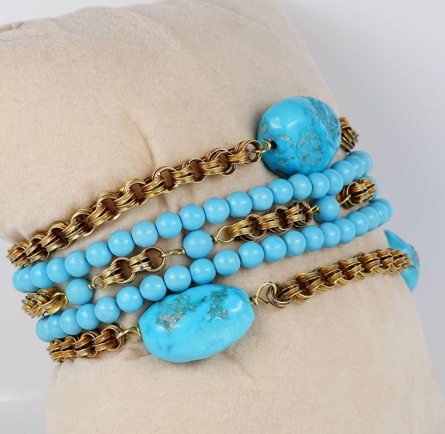 Natural Turquoise 18 Karat Multi Strand Necklace and Bracelet Set For Sale 1