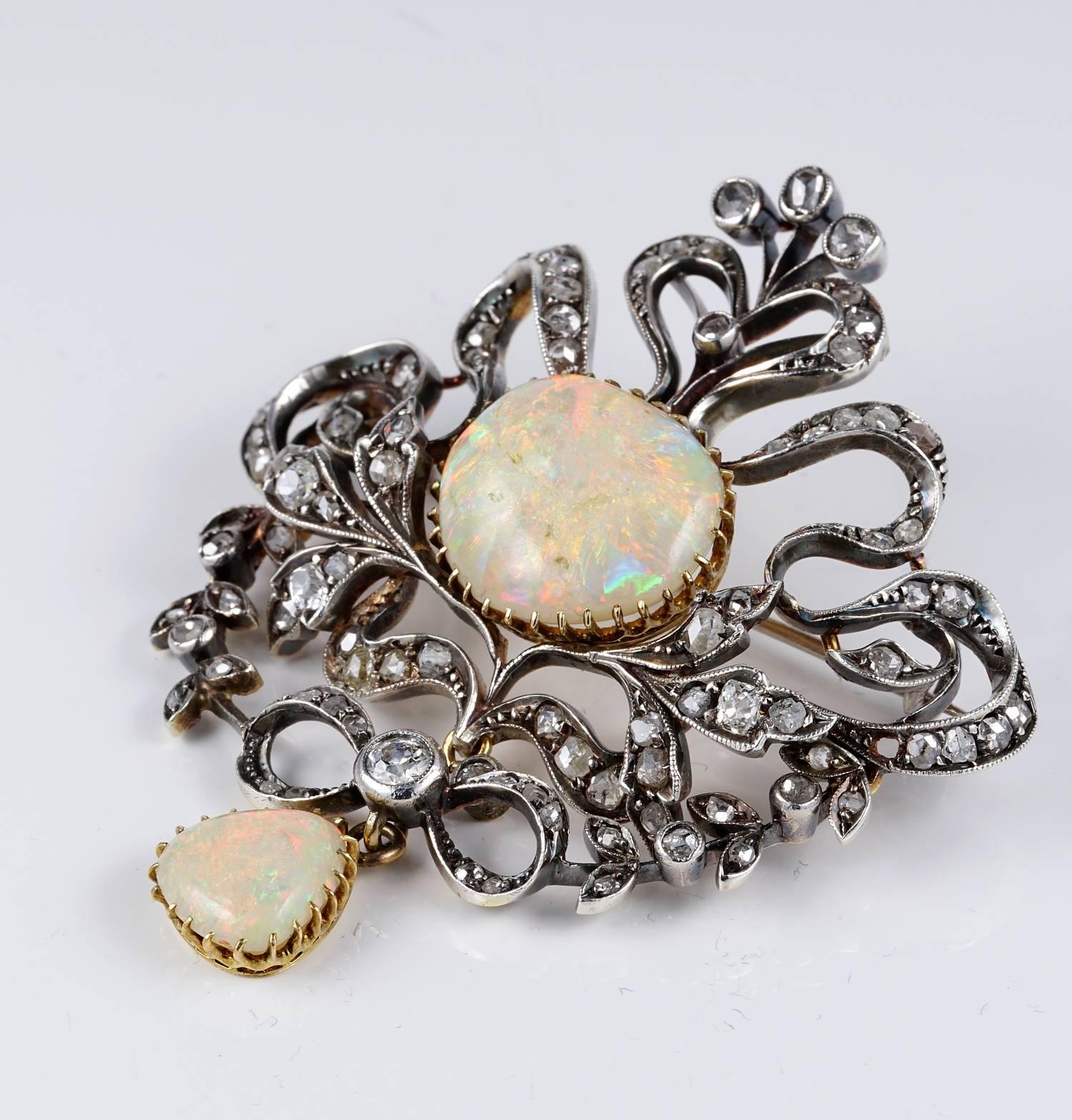 Women's or Men's Victorian 20.0 Carat Australian Opal 3.80 Carat Diamond Rare Brooch Pendant For Sale