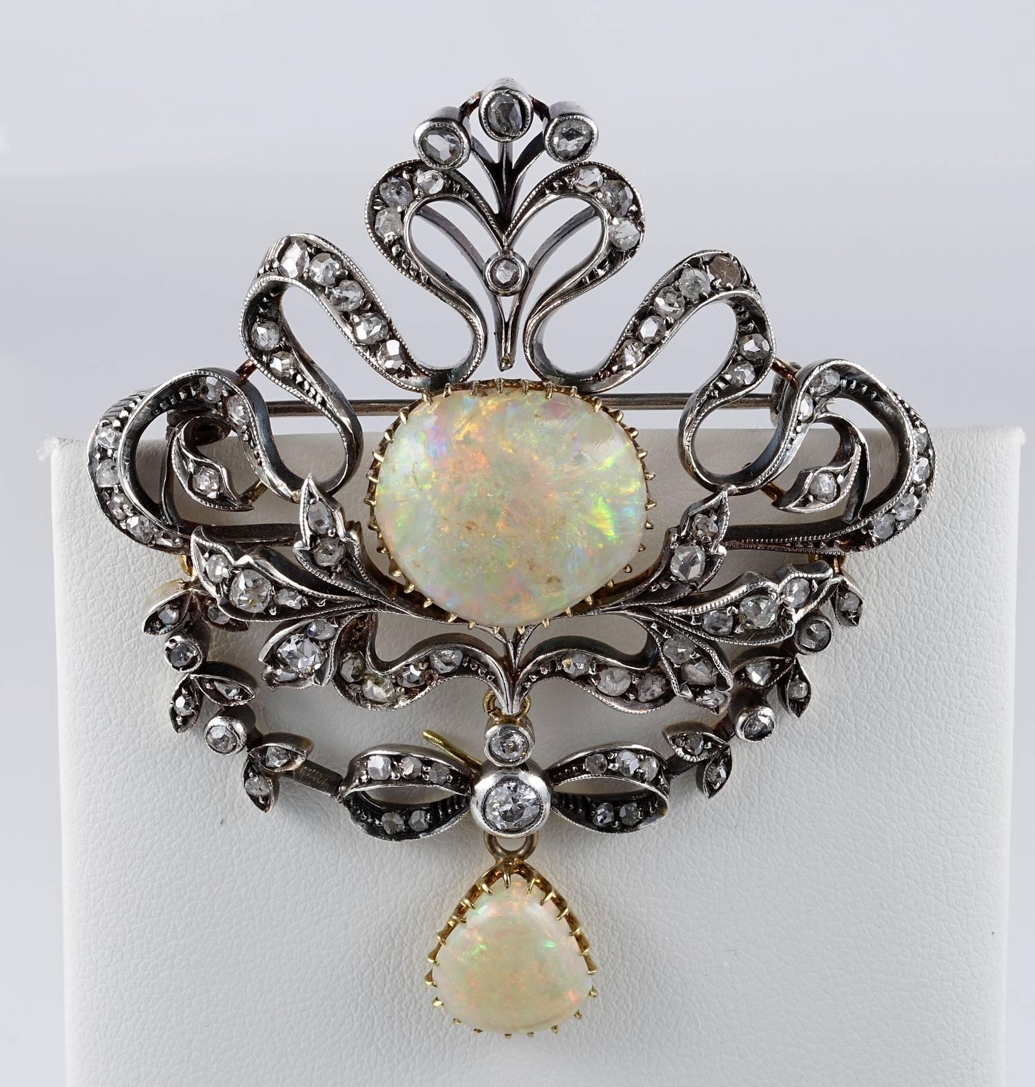Magnificent and impressive authentic Victorian brooch crafted of solid 18 Kt gold topped by silver - not marked
Boasting along the royalty design a blaze of leaf and scroll work with bows and other motifs in vogue at the time -1880 ca -
fully
