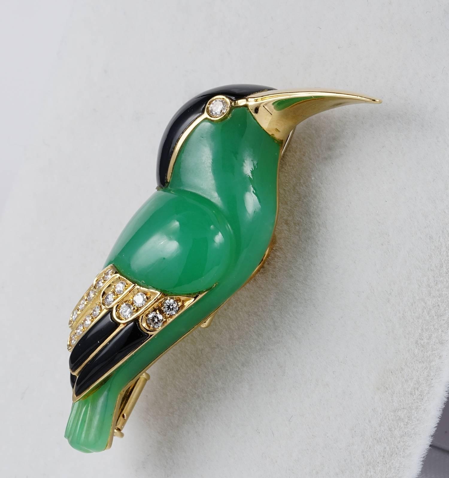 Contemporary Signed Ventrella Green Chalcedony Onyx Diamond Humming Bird