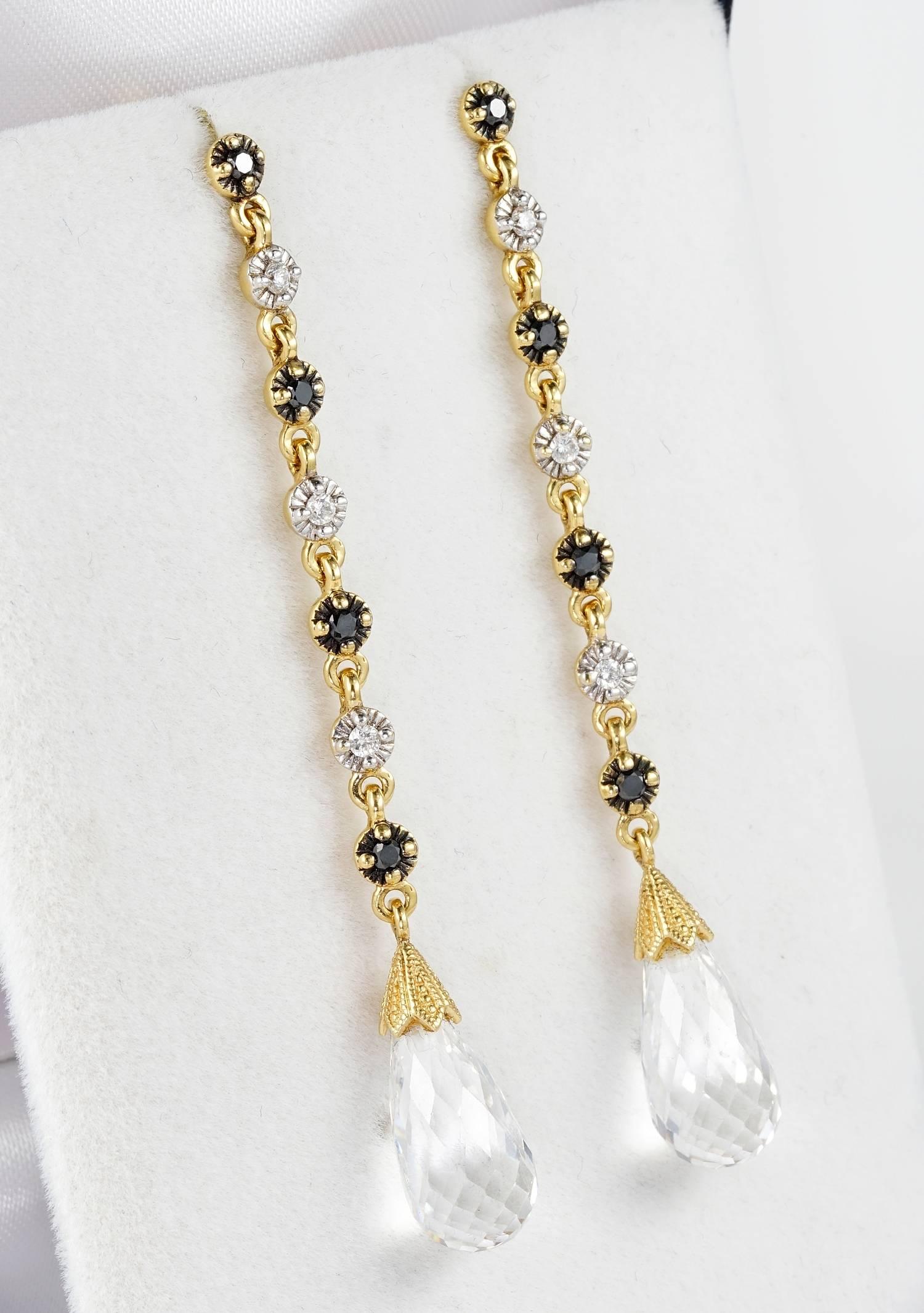 Fantastic pair of natural Rock Crystal drops with complement of black and white Diamonds set along the line.
A superlative vinatge pair of the Italin jewellery, 1950 ca
Diamonds total content is .65 ct for both black
Individually hand crafted of