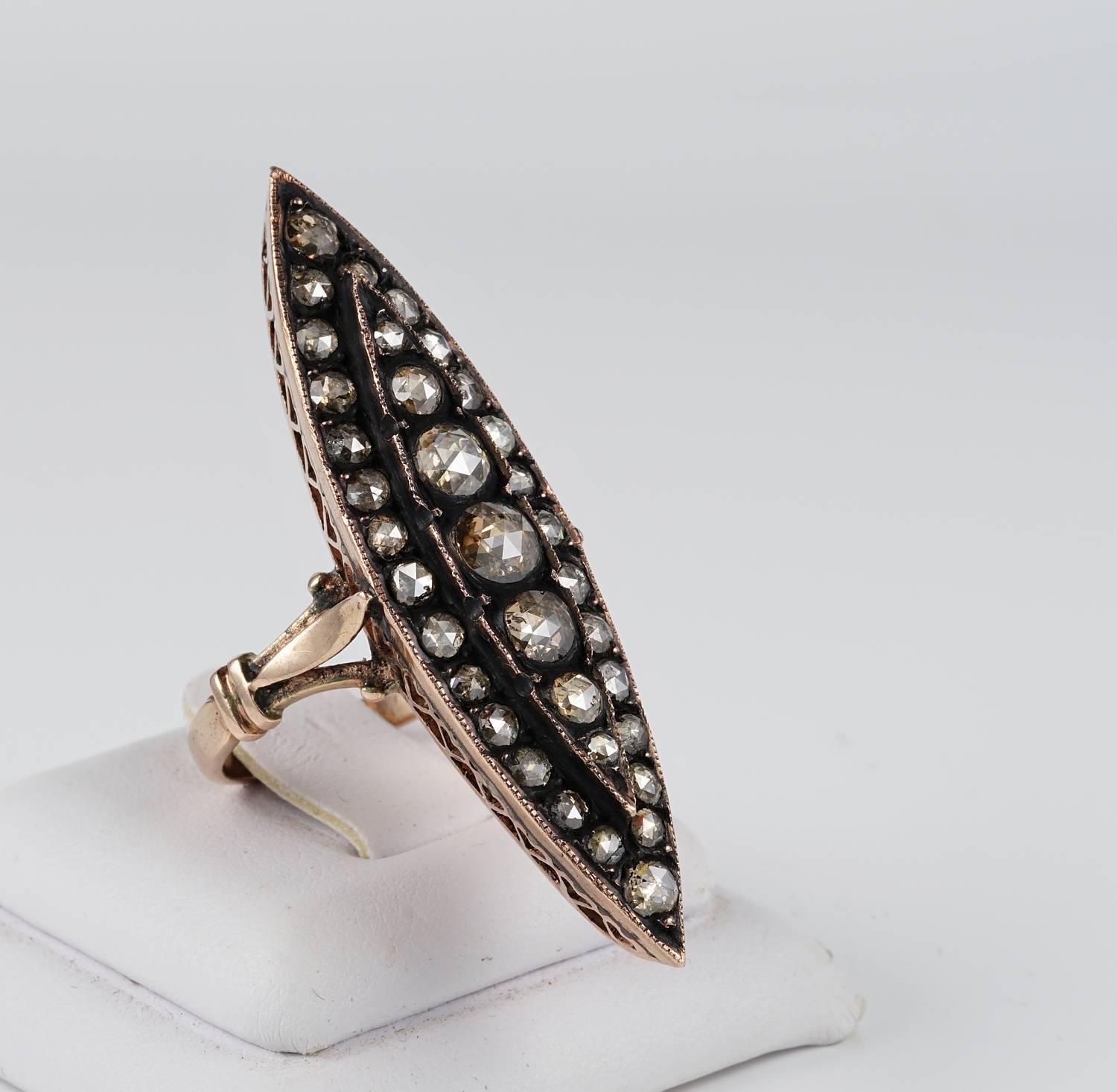 Magnificent, rare large scale navette ring from the Georgian period
Crafted of solid 15 Carat rose gold not marked
The ring is of outstanding beauty either in crafting than design boasting specatcular workmanship of the Georgian period
It boasts a
