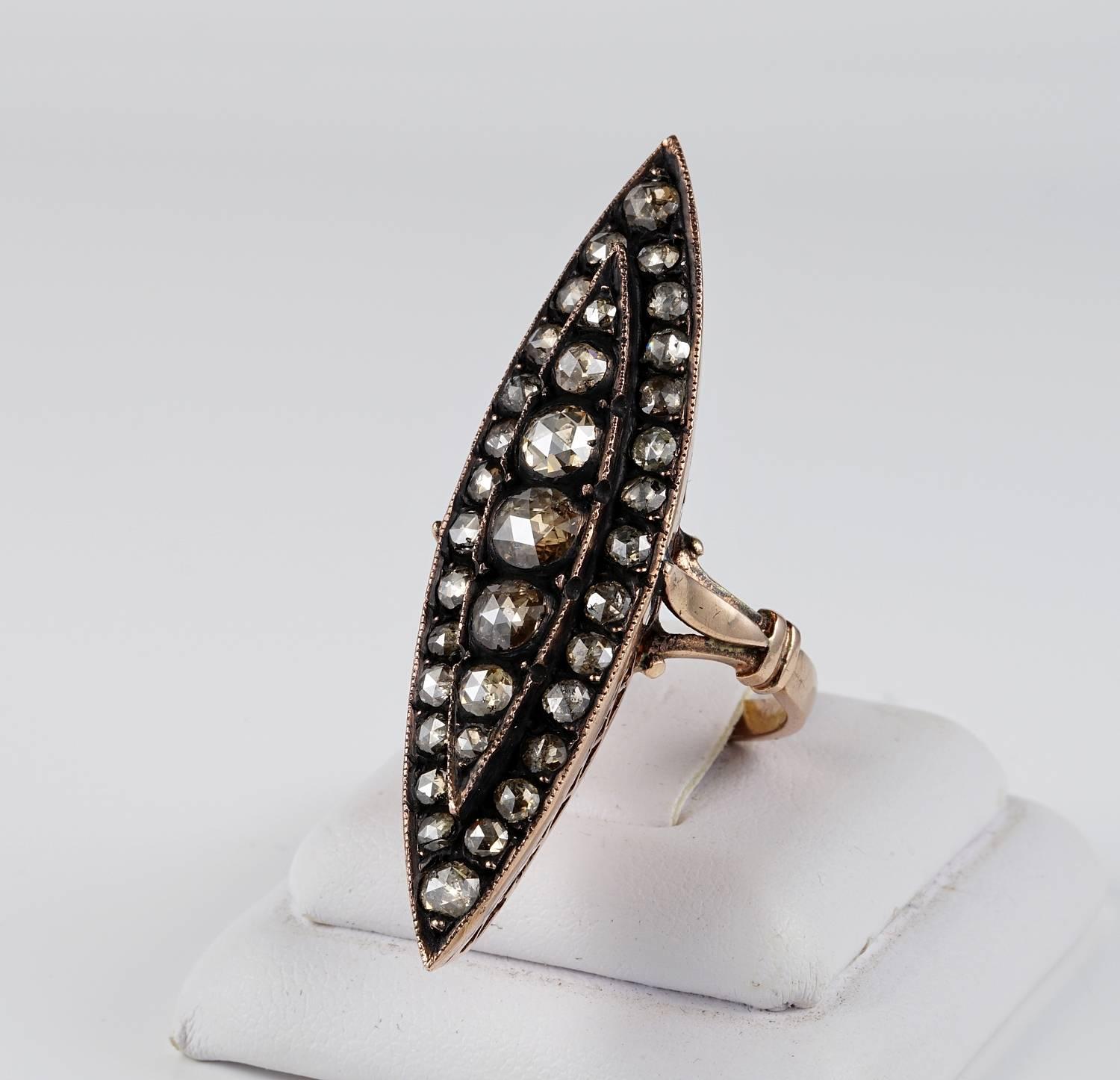Georgian Antique 2.90 Carat Rose Cut Diamond Large-Scale Navette Ring For Sale