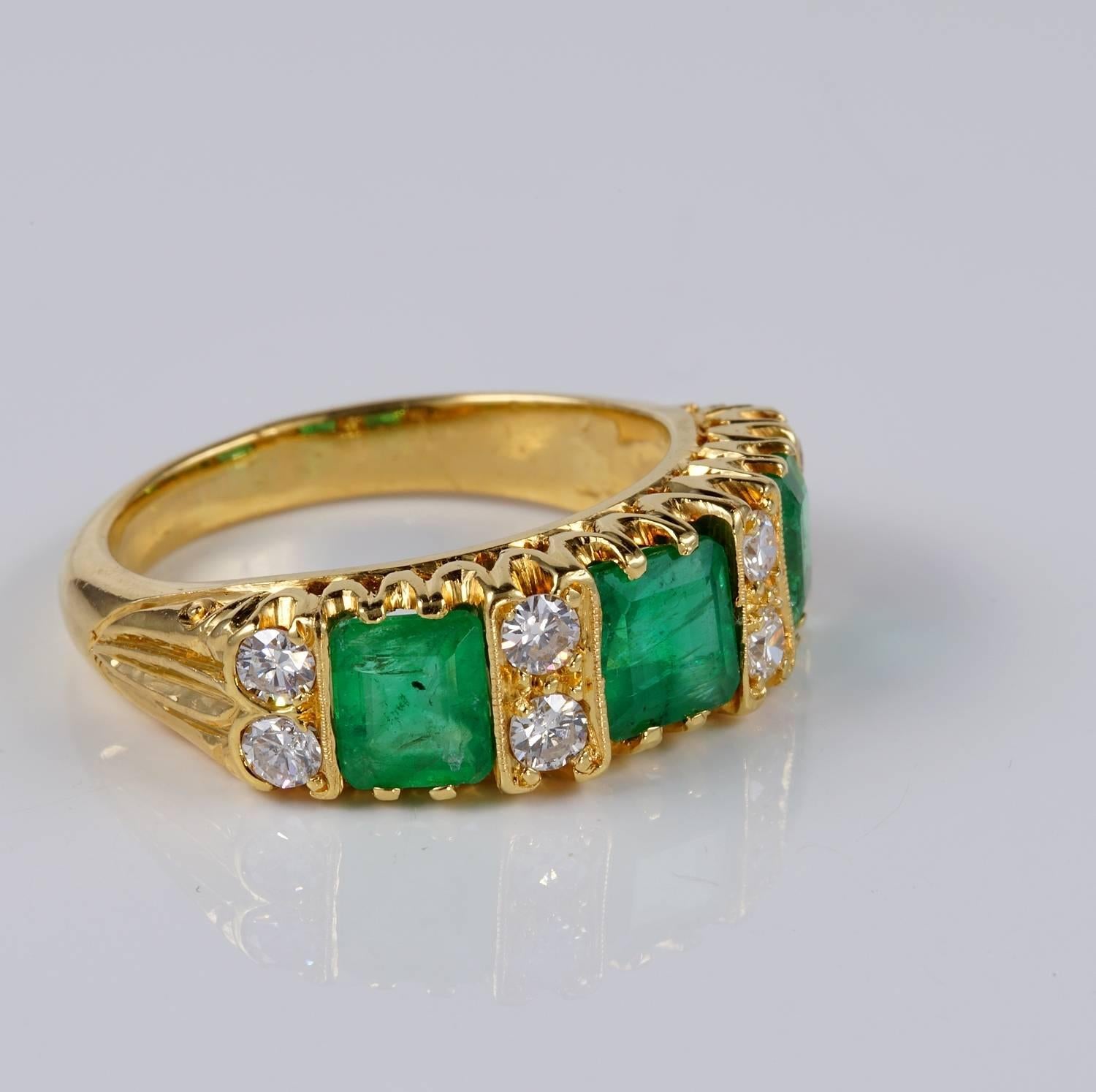 Here is one truly fantastic genuine late Art Deco Diamond & Colombian Emerald trilogy ring dating back to 1935
A classy example from the period very distinctive and sought after
Ring is fully hand crafted of solid 18 KT yellow gold, it bears several