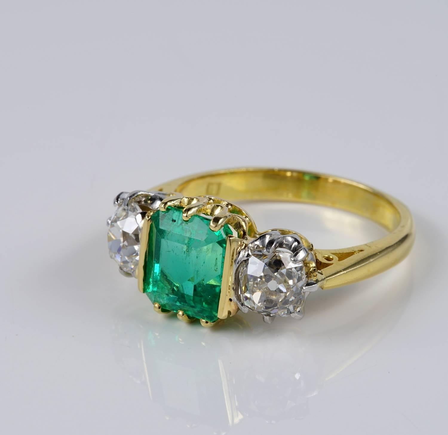 Victorian 2.90 Carat Natural Colombian Emerald 1.80 Ct Diamond Rare Trilogy Ring For Sale 1