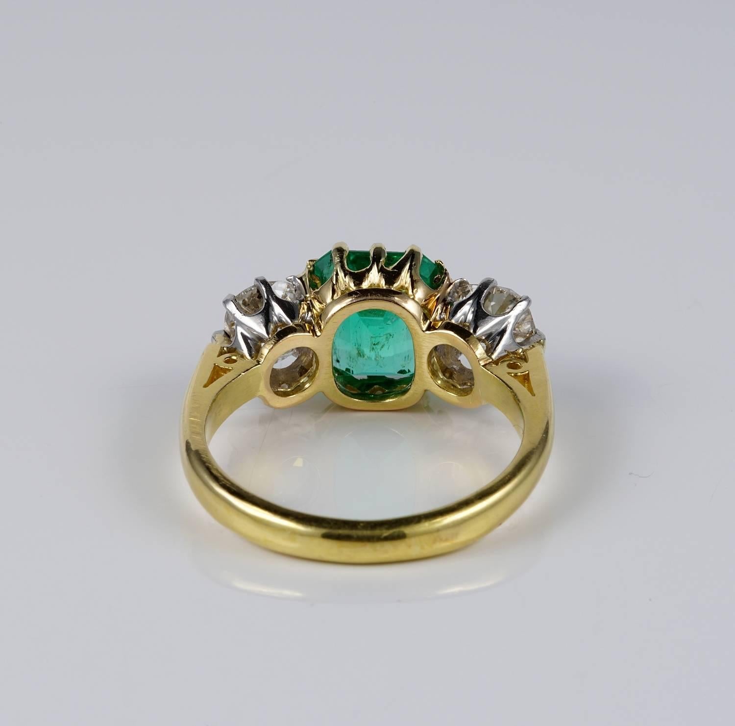 Victorian 2.90 Carat Natural Colombian Emerald 1.80 Ct Diamond Rare Trilogy Ring For Sale 5