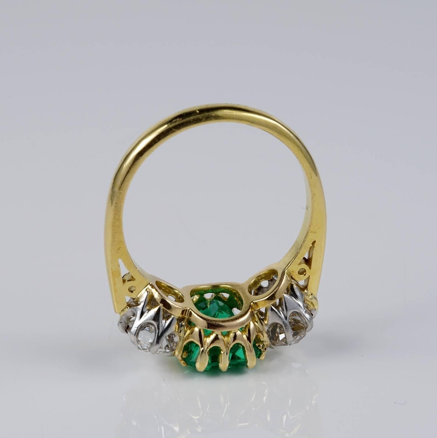 Victorian 2.90 Carat Natural Colombian Emerald 1.80 Ct Diamond Rare Trilogy Ring For Sale 4