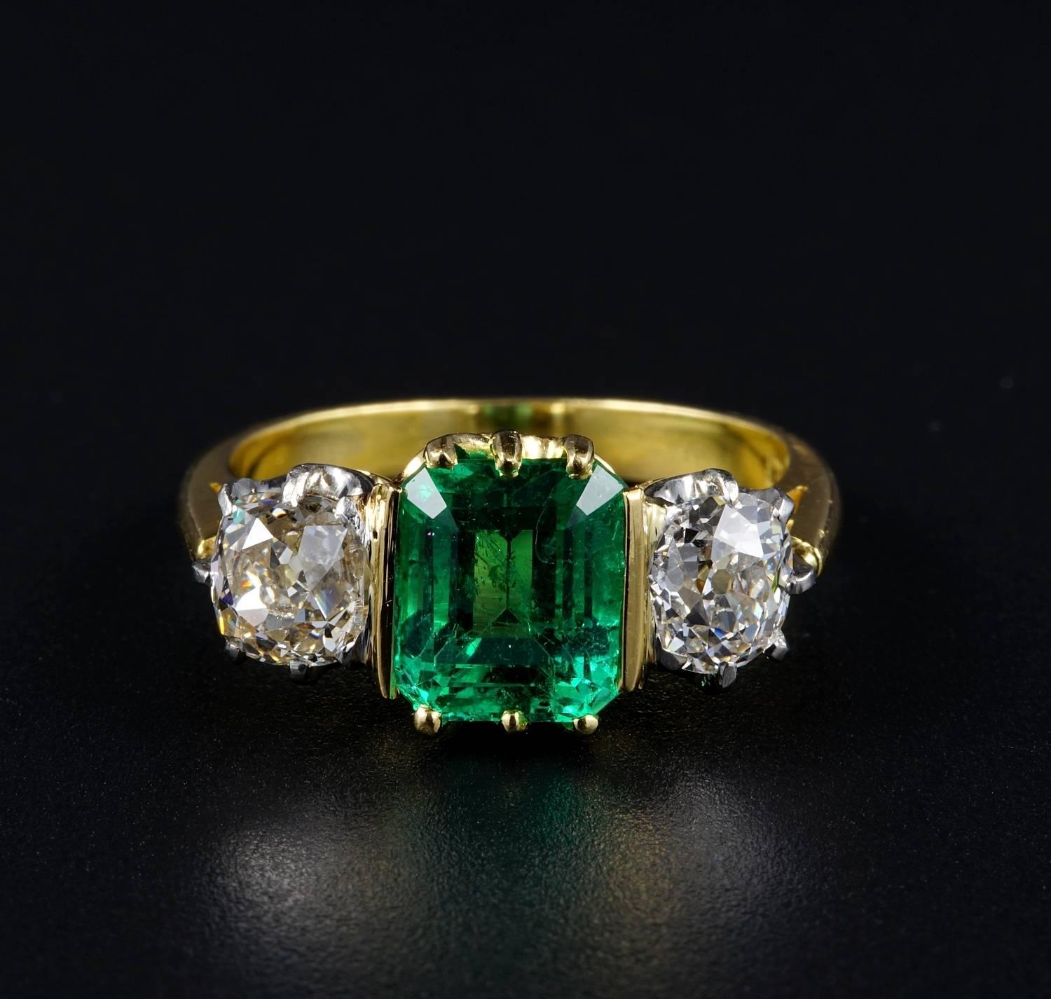 a superb version of traditional trilogy Victorian ring
exquisitely crafted during 1900 of solid 18 KT gold and platinum, marked
Set with a centre natural Emerald Colombian origin
prizing rich, intense,vibrant green, good colour saturation, great