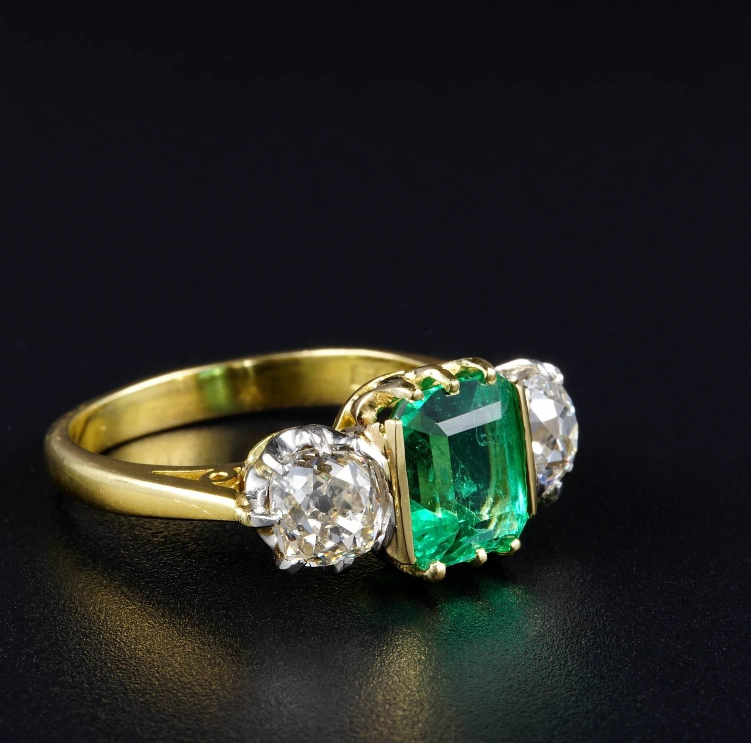 Women's Victorian 2.90 Carat Natural Colombian Emerald 1.80 Ct Diamond Rare Trilogy Ring For Sale