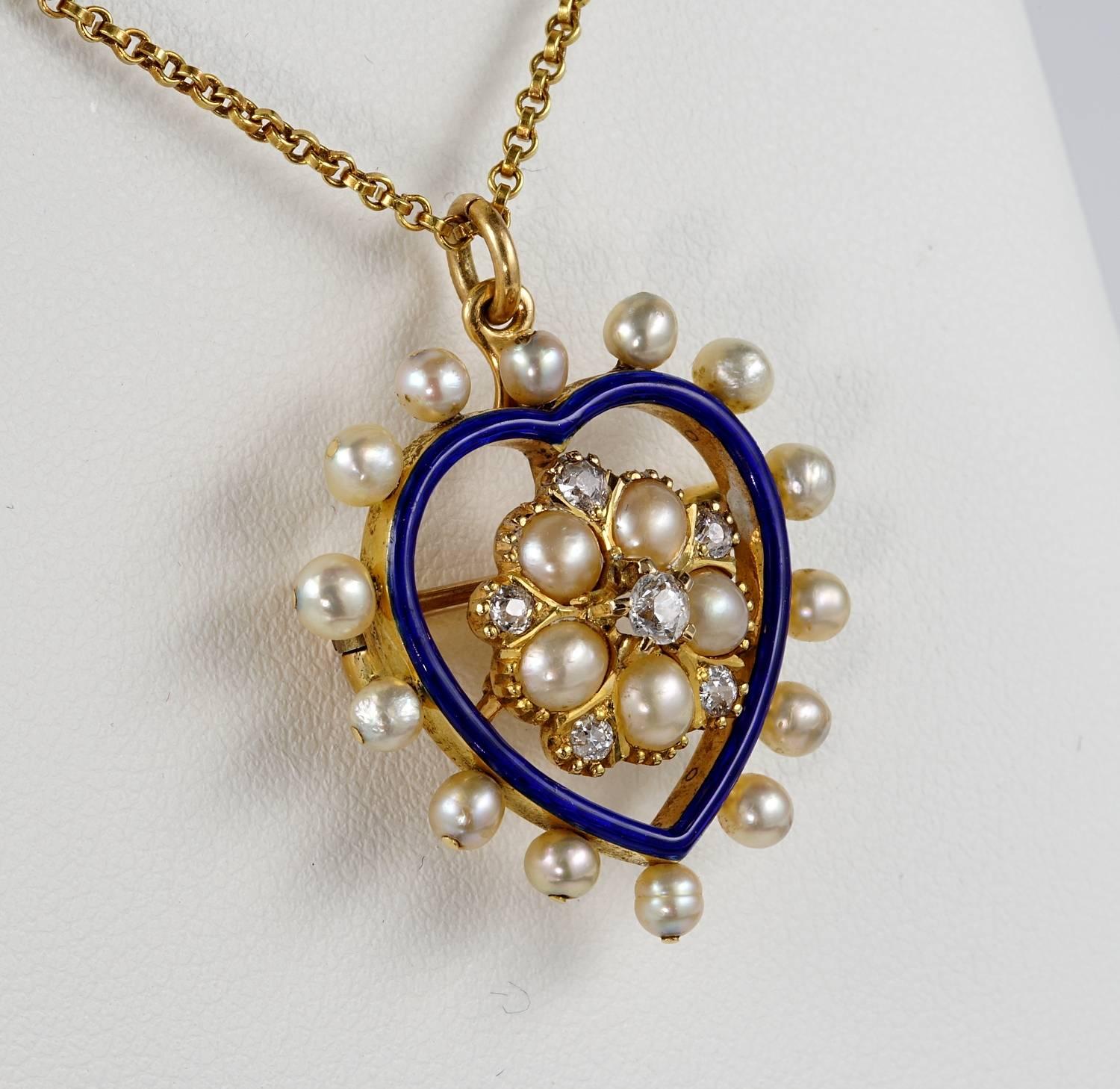 Women's or Men's Victorian Diamond Natural Pearl Royal Blue Heart Pendant For Sale