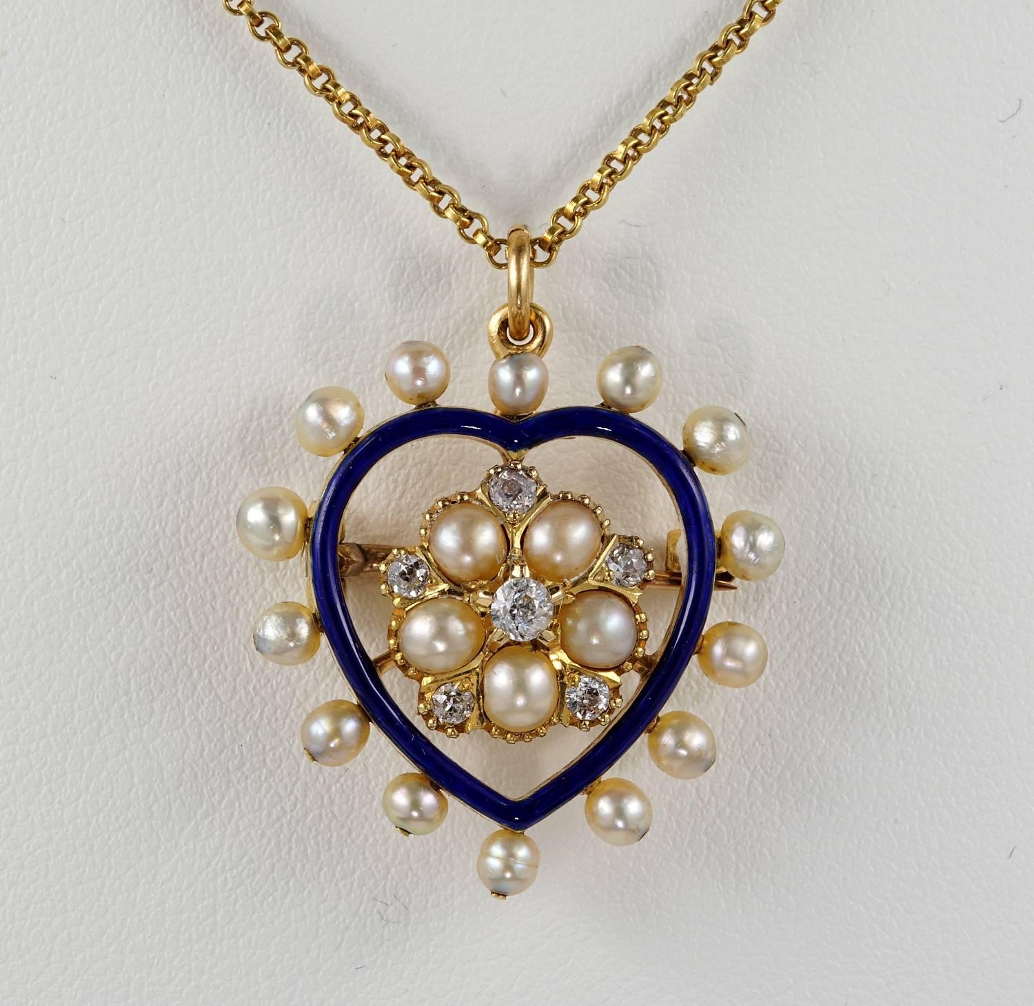 Victorian Diamond Natural Pearl Royal Blue Heart Pendant In Good Condition For Sale In Napoli, IT