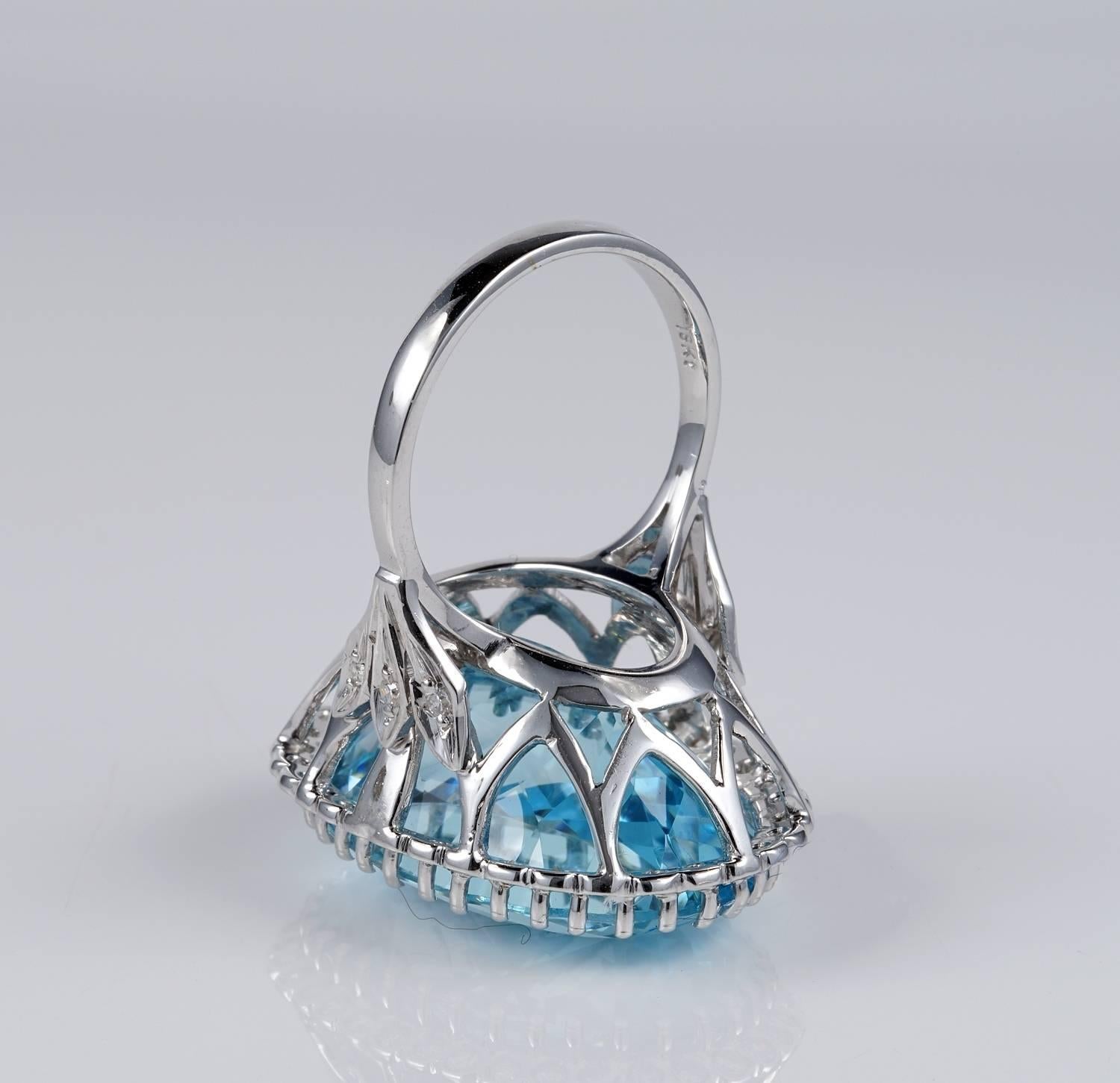 Oval Cut 27.0 Carat Intense Blue Aquamarine 0.70 Carat Diamond Vintage Ring For Sale