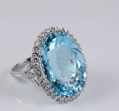 27.0 Carat Intense Blue Aquamarine 0.70 Carat Diamond Vintage Ring