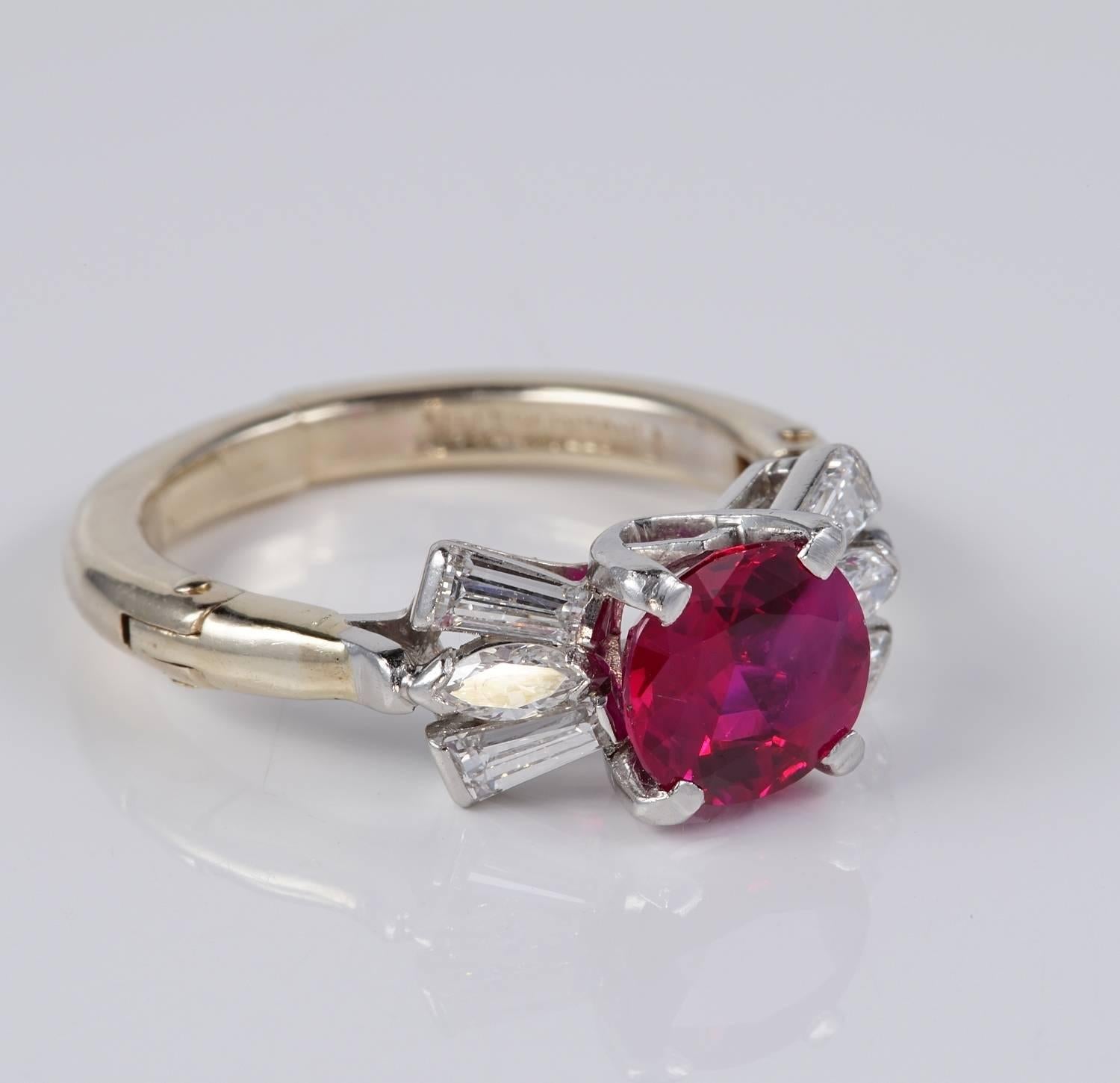 Magnificent natural Burmese Ruby and Diamond dating 60's
Natural untreated Ruby Burma origin of 1.62 Carat supreme vibrant red colour, exceptionally beautiful
Comes fully certified
Diamonds are .70 Ct rated as G VVS 
The ring is beautifully designed