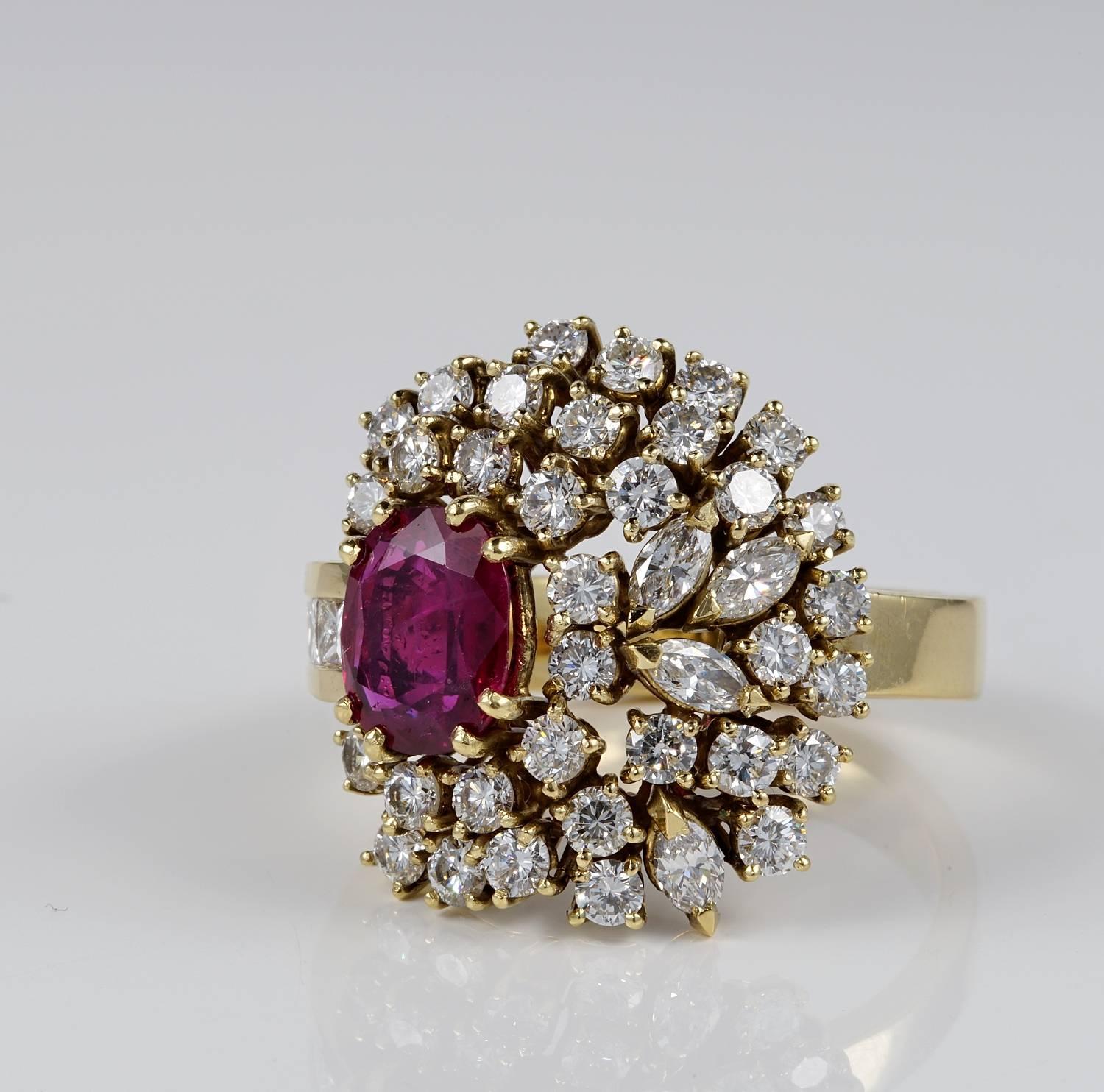 Contemporary Vintage 2.20 Natural Untreated Ruby Up 4.15 Carat Diamond Bombe Ring For Sale