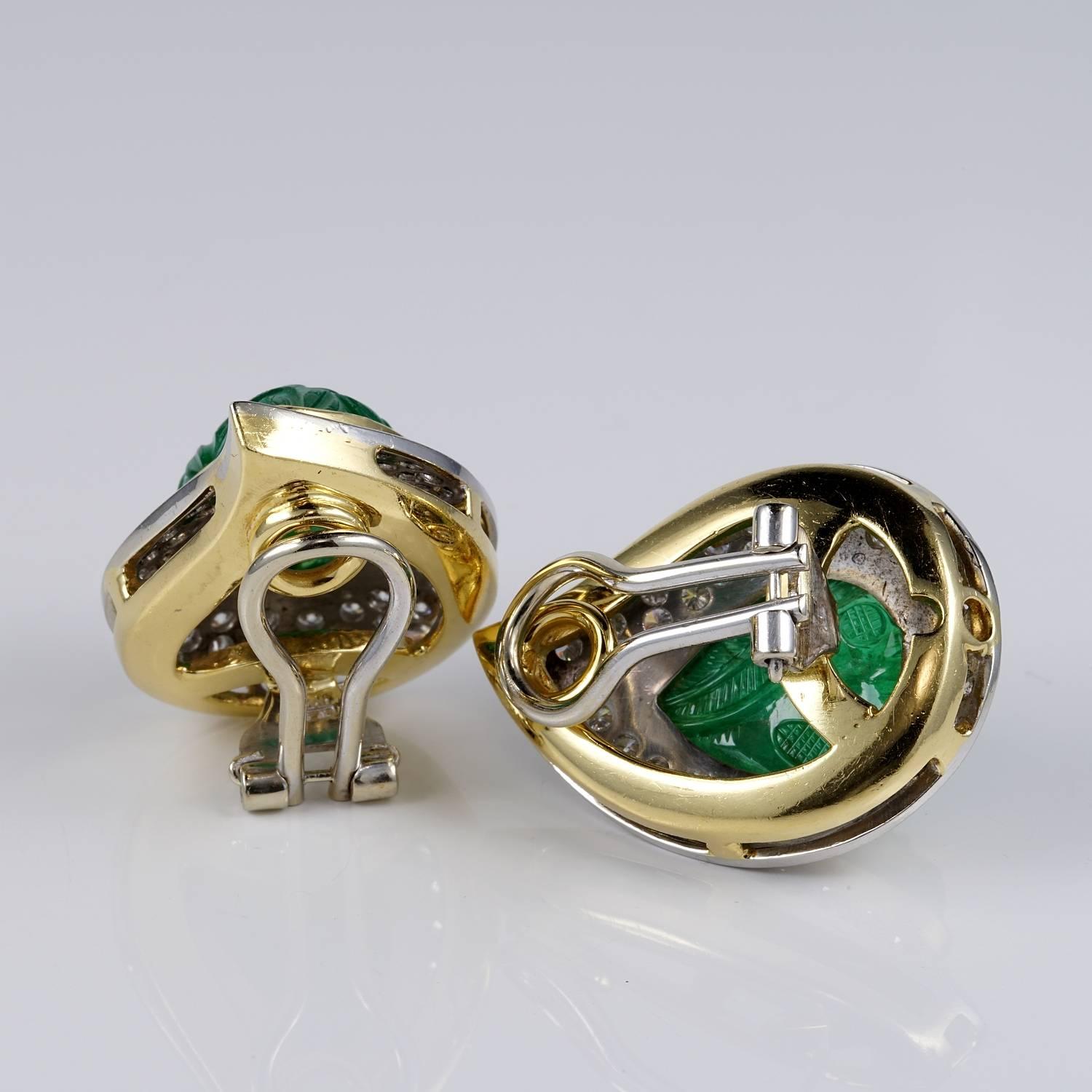 22.0 Carat Carved Mughal Emerald 3.0 Carat Diamond Rare Earrings For Sale 2