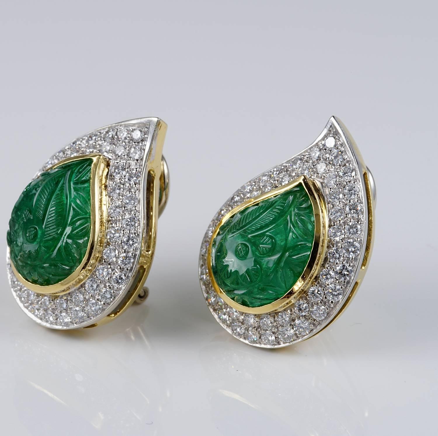 Women's 22.0 Carat Carved Mughal Emerald 3.0 Carat Diamond Rare Earrings For Sale