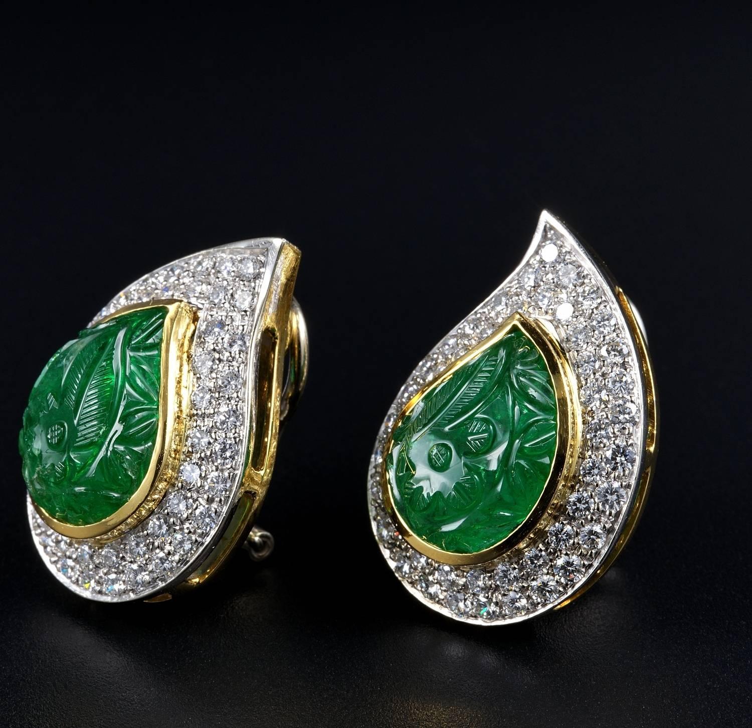 22.0 Carat Carved Mughal Emerald 3.0 Carat Diamond Rare Earrings For Sale 1