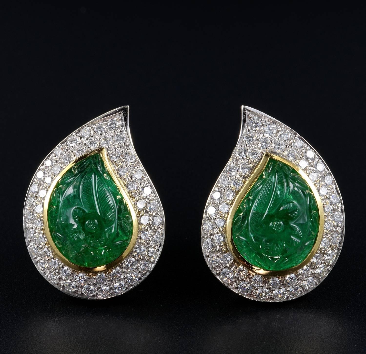 The Maharajah Empire
An impressive pair of vintage Carved Mughal Emerald and Diamond earrings
Imposing large sized so eyecatching and sensational being of relevant size, stunning in crafting
Hand crafted of solid 18 KT gold taking shape inspiration