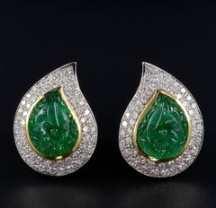 22.0 Carat Carved Mughal Emerald 3.0 Carat Diamond Rare Earrings